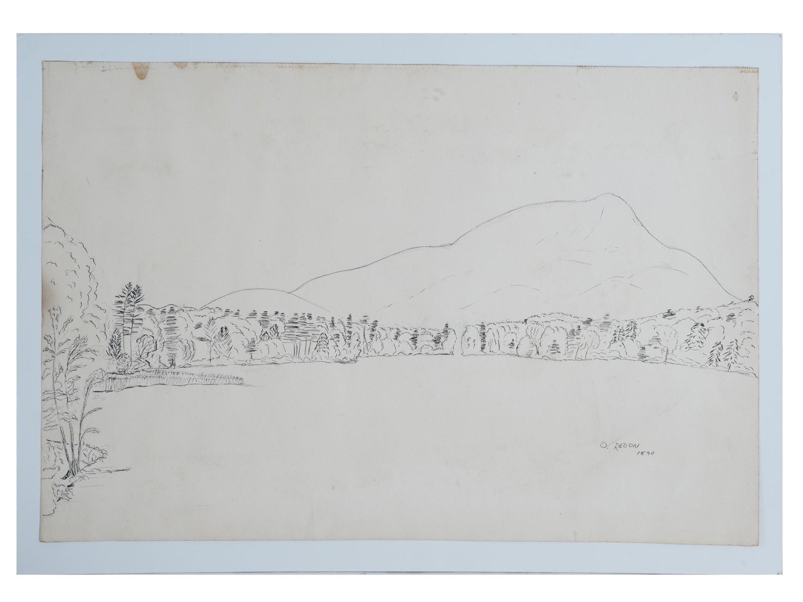 ATTR TO ODILON REDON FRENCH LANDSCAPE INK DRAWING: Ink on paper drawing. Attributed to Odilon Redon, 1840 to 1916, a leading French Symbolist artist. The artwork is a sketch of a mountain lake. Signed and dated 1890 in the lower right. White mat. Coll