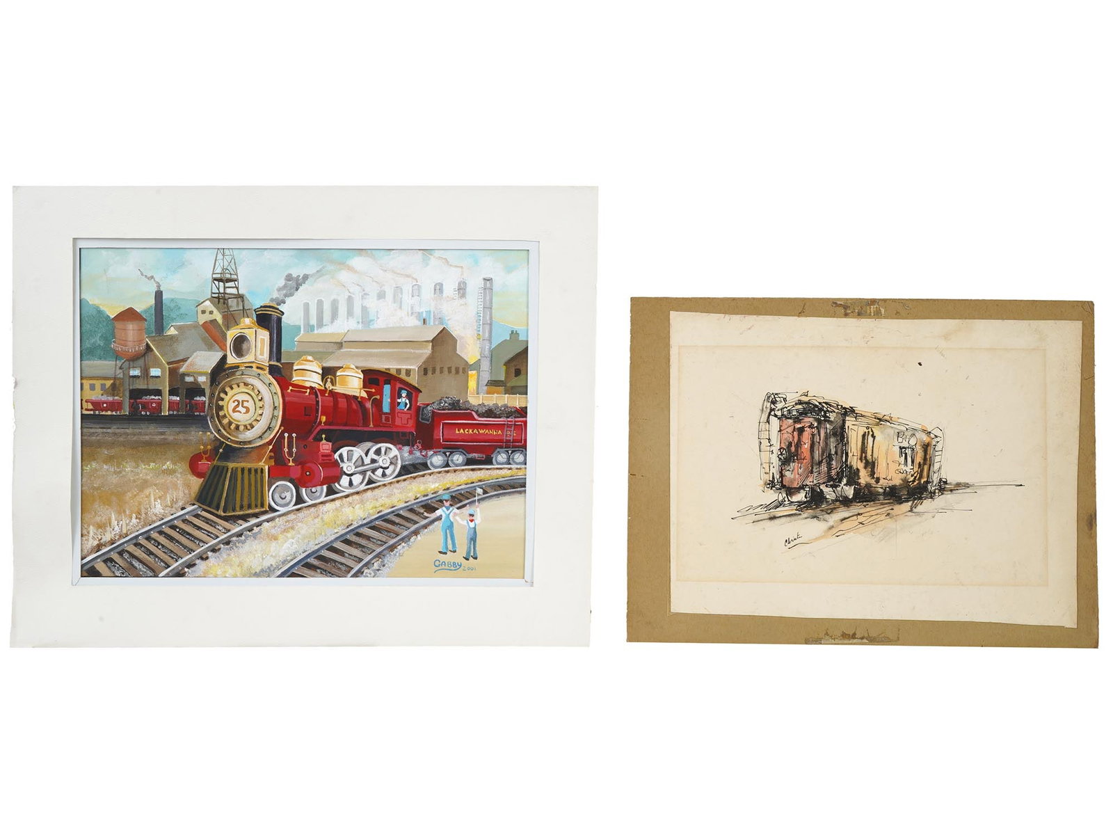 CONTEMPORARY PAINTINGS LOCOMOTIVE AND TRAIN CAR SIGNED: Two contemporary paintings. The first is an ink and watercolor painting on paper, depicting an old train car, signed Christe in the lower left. The second is an oil painting on canvas stretched on boa