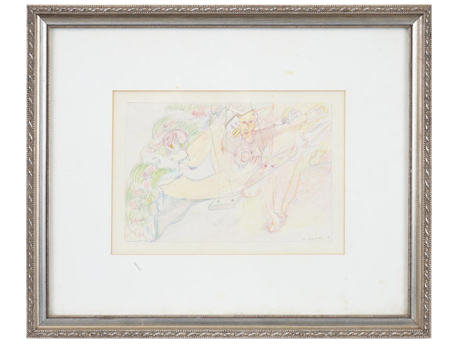 EVA BOUZARD HUI AMERICAN MIXED MEDIA PAINTING: Graphite and color crayons on pencil painting by Eva Bouzard-Hui, 1936 to 2023, an American artist and visionary educator. The artwork depicts two Surrealist characters on swings. Titled The Used Arti