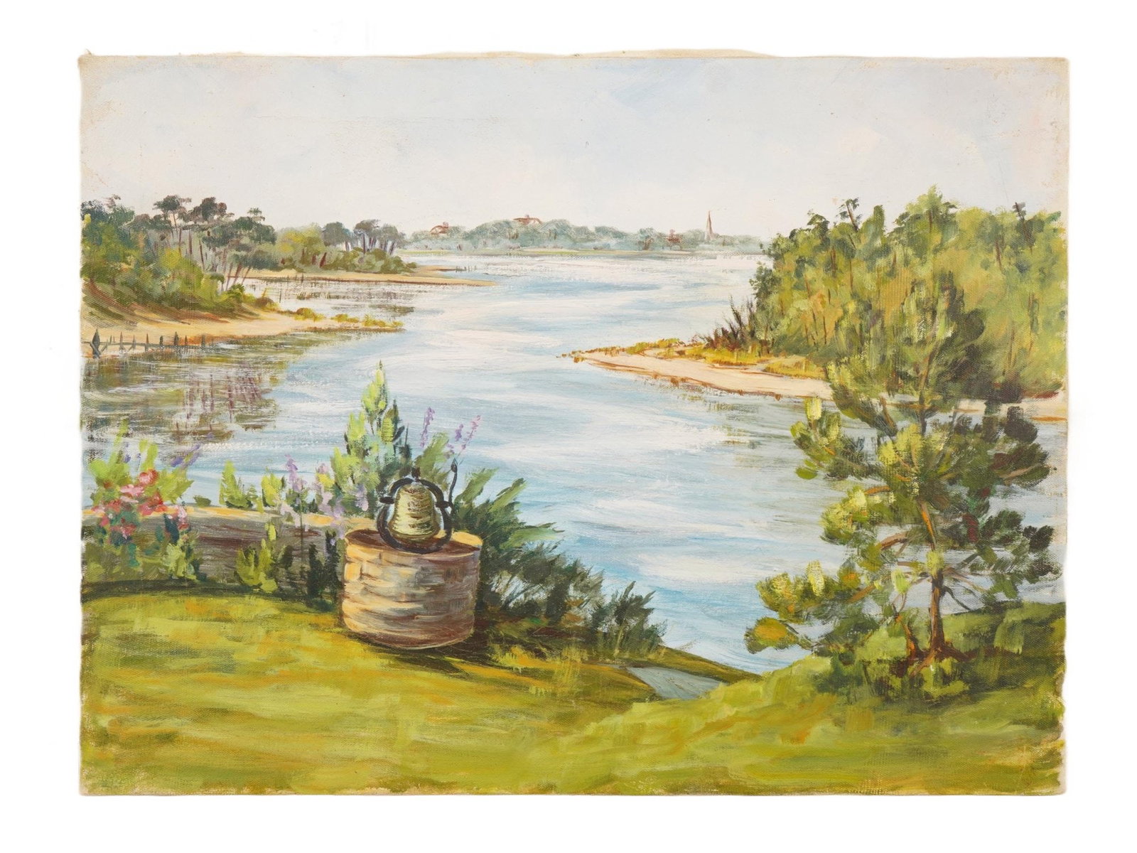 MID CENTURY OIL PAINTING TRANQUIL LANDSCAPE WATERWAY: A mid-century oil painting on canvas depicting a tranquil landscape with a calm waterway as the central focus. The composition conveys a serene atmosphere, with natural elements arranged to emphasize 