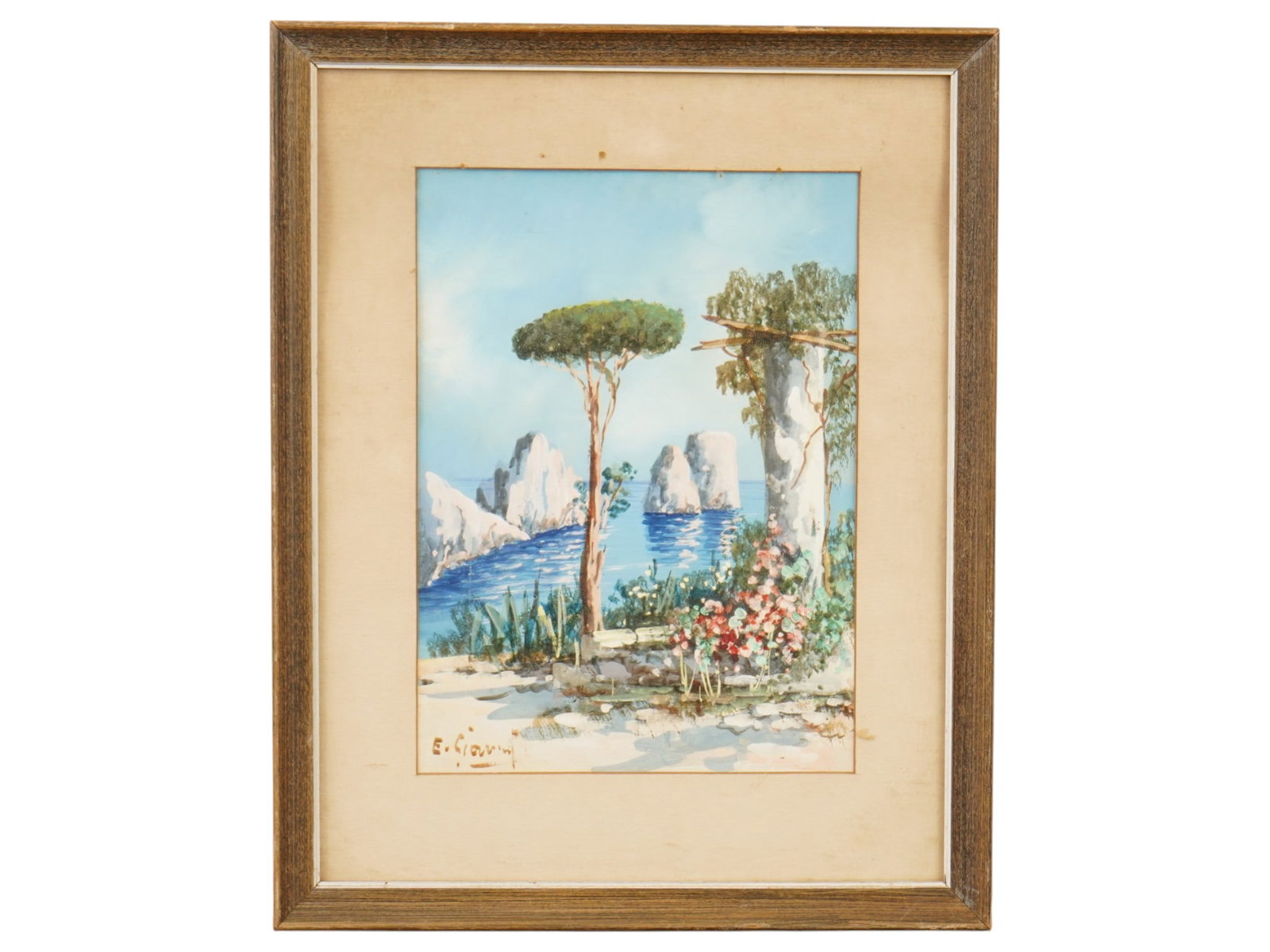 MID CENTURY MIXED MEDIA PAINTING SIGNED E. GIANNI: A mid century mixed media painting on board, signed E. Gianni at the lower left, depicting a Mediterranean coastal landscape, likely inspired by the dramatic Faraglioni rock formations off the island 
