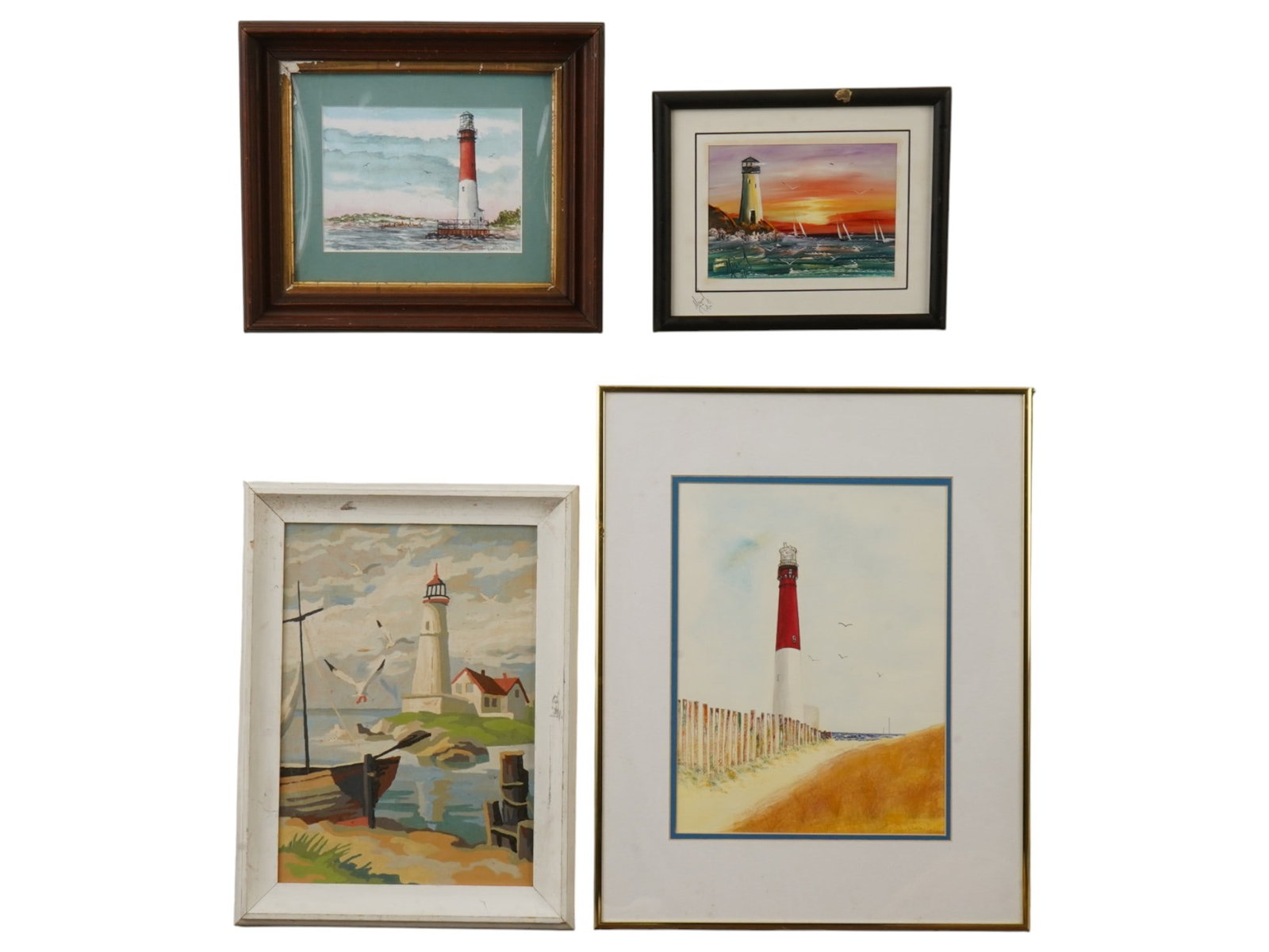 LOT OF VINTAGE MARITIME LANDSCAPE PAINTINGS SIGNED: A lot of 4 vintage paintings depicting lighthouses. Oil on masonite. Oil on glass, signed Miguel Tula. Watercolor on paper by Chava Paolella. Print on paper, signed Cathleen Engelsen and dated 1995 in