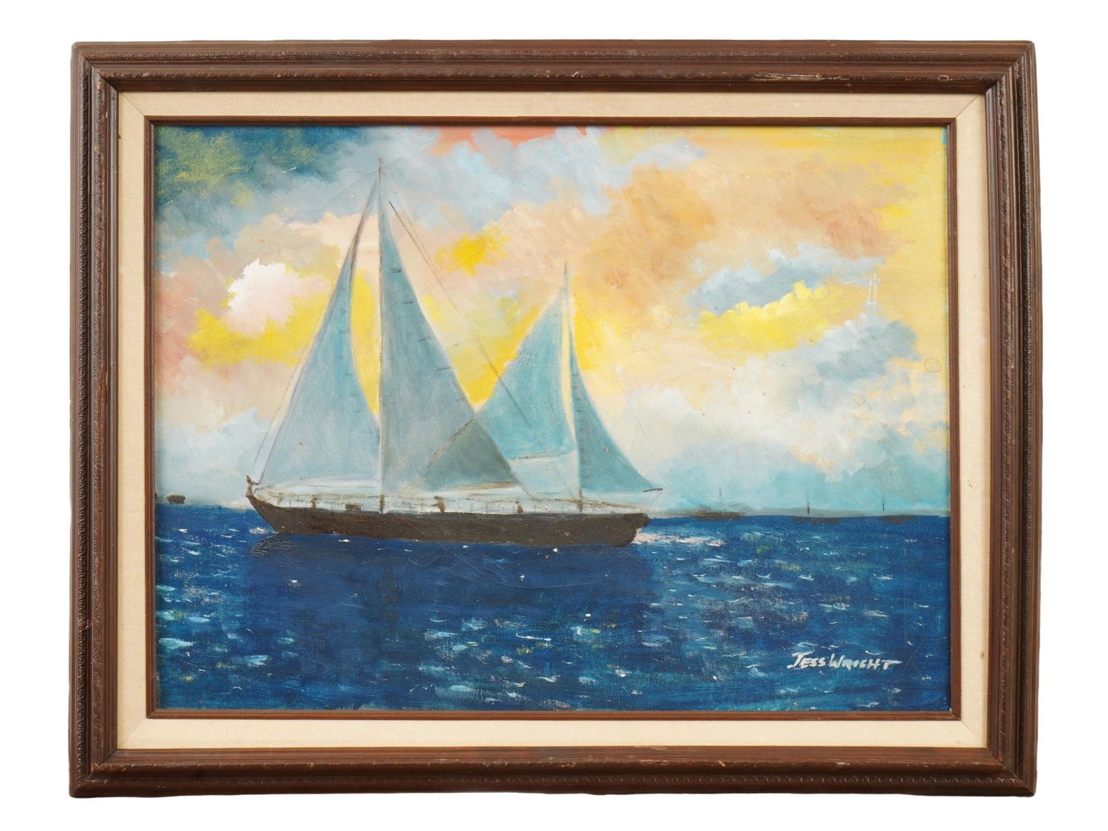 SEASCAPE OIL PAINTING SIGNED JESS WRIGHT: An oil painting on canvas signed lower right Jess Wright. The painting depicts a sailboat in the open blue sea under a dramatic sky with orange and yellow clouds. Framed. Collectible Fine Art, Maritim