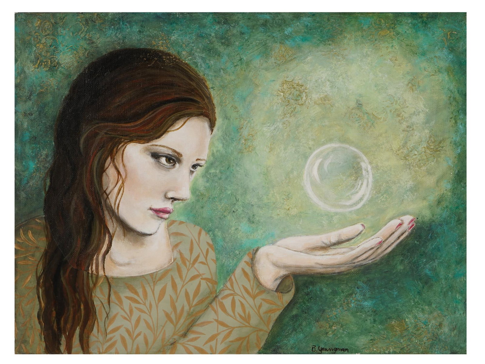 BARBARA YOUNGMAN PAINTING PORTRAIT SPELL BOUND 2017: A modern mixed media acrylic painting on canvas laid on board by Barbara Youngman. Depicts a female portrait titled Spell Bound and dated 2017 on verso. Signed by the artist in the lower right and on 