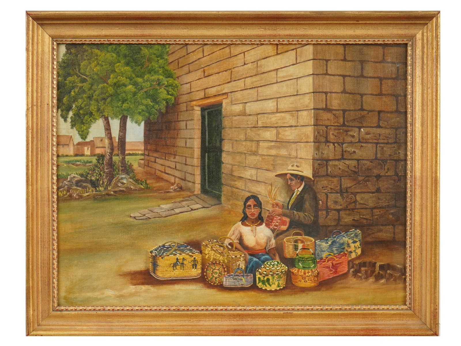 MEXICAN SCHOOL PAINTING RURAL MARKETPLACE LIFE I: A modern oil painting on canvas over board depicting a rural marketplace life in the tradition of the Mexican School and Latin American folk realism. The composition depicts two native figures weaving