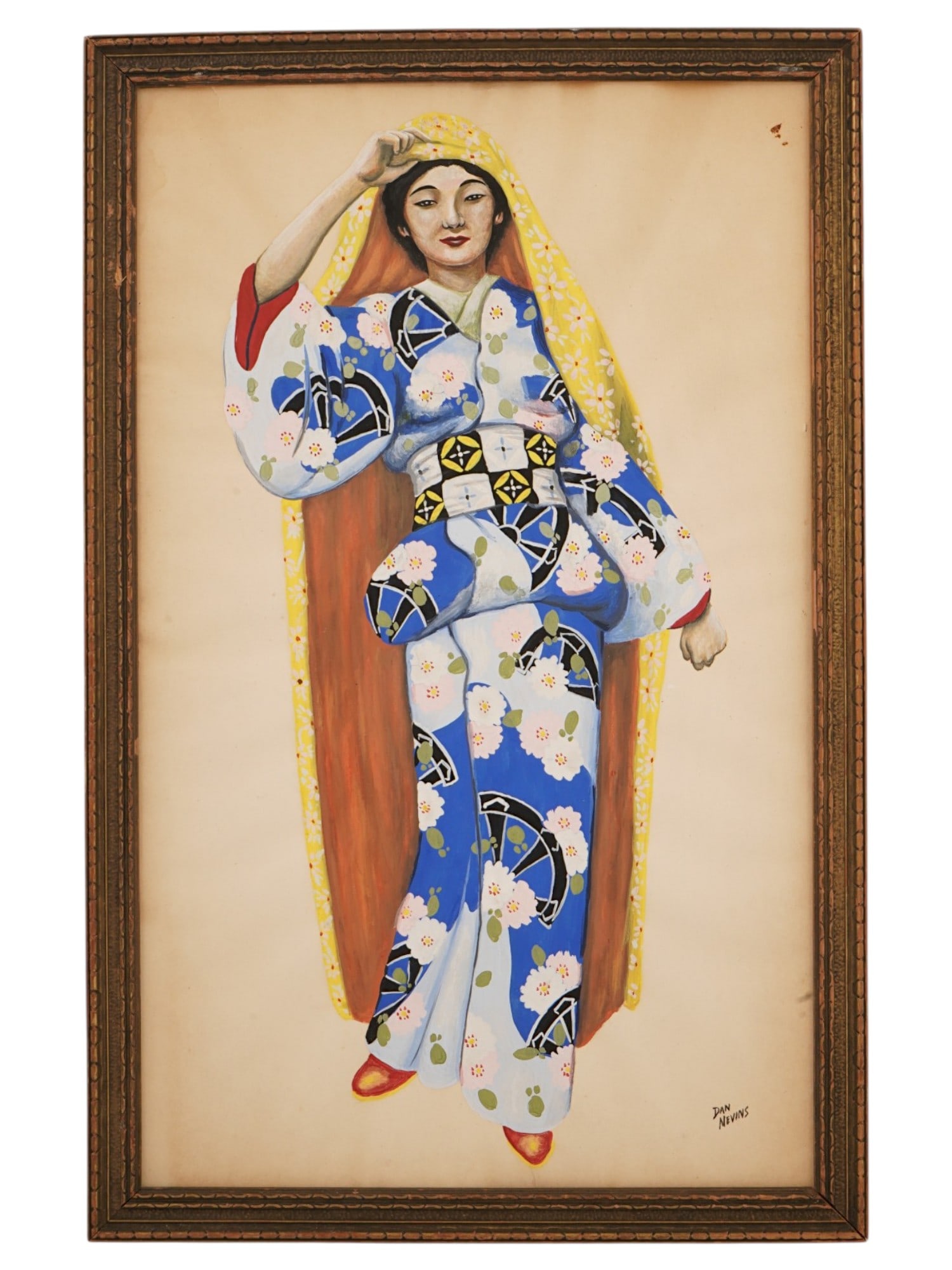 PAINTING WOMAN IN A BLUE KIMONO SIGNED DAN NEVINS: A modern gouache painting on paper depicting a woman in a blue kimono, signed Dan Nevins lower right. Framed. Contemporary Paintings And Art Collectibles. THIS LOT IS ELIGIBLE FOR A 30-DAY UNC