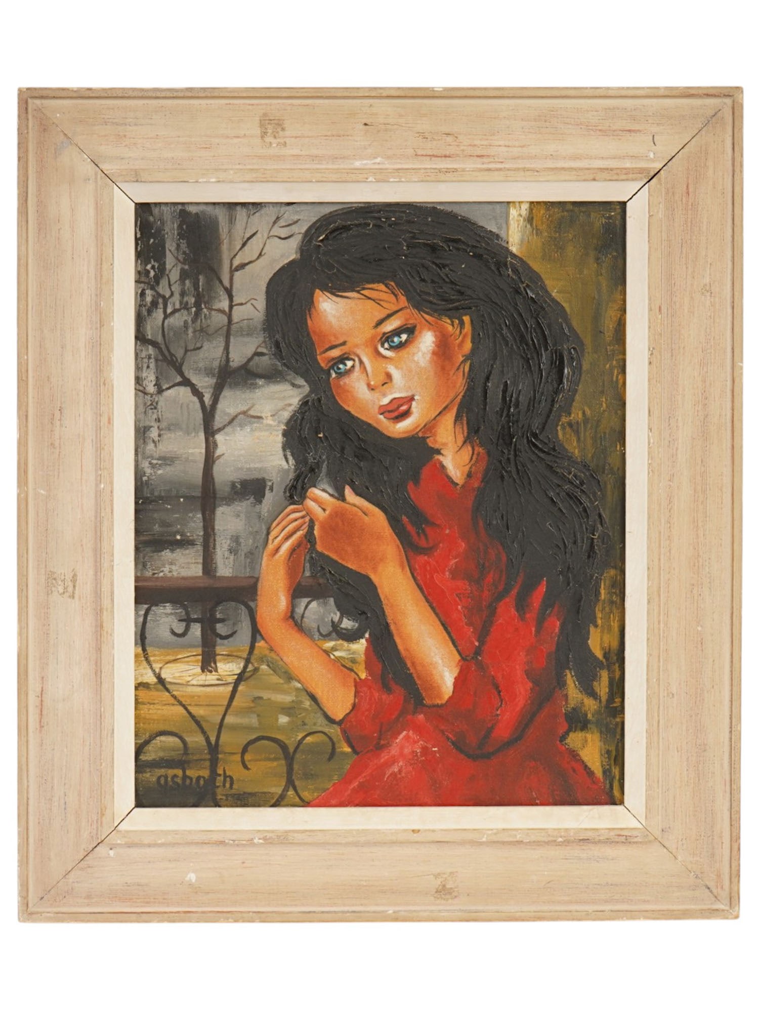 AMERICAN FEMALE PORTRAIT PAINTING SIGNED ASBOTH: An American oil painting on canvas signed Asboth lower left, reflecting the sentimental portrait aesthetic popular during the 1960s and 1970s. The composition portrays a contemplative dark-haired youn