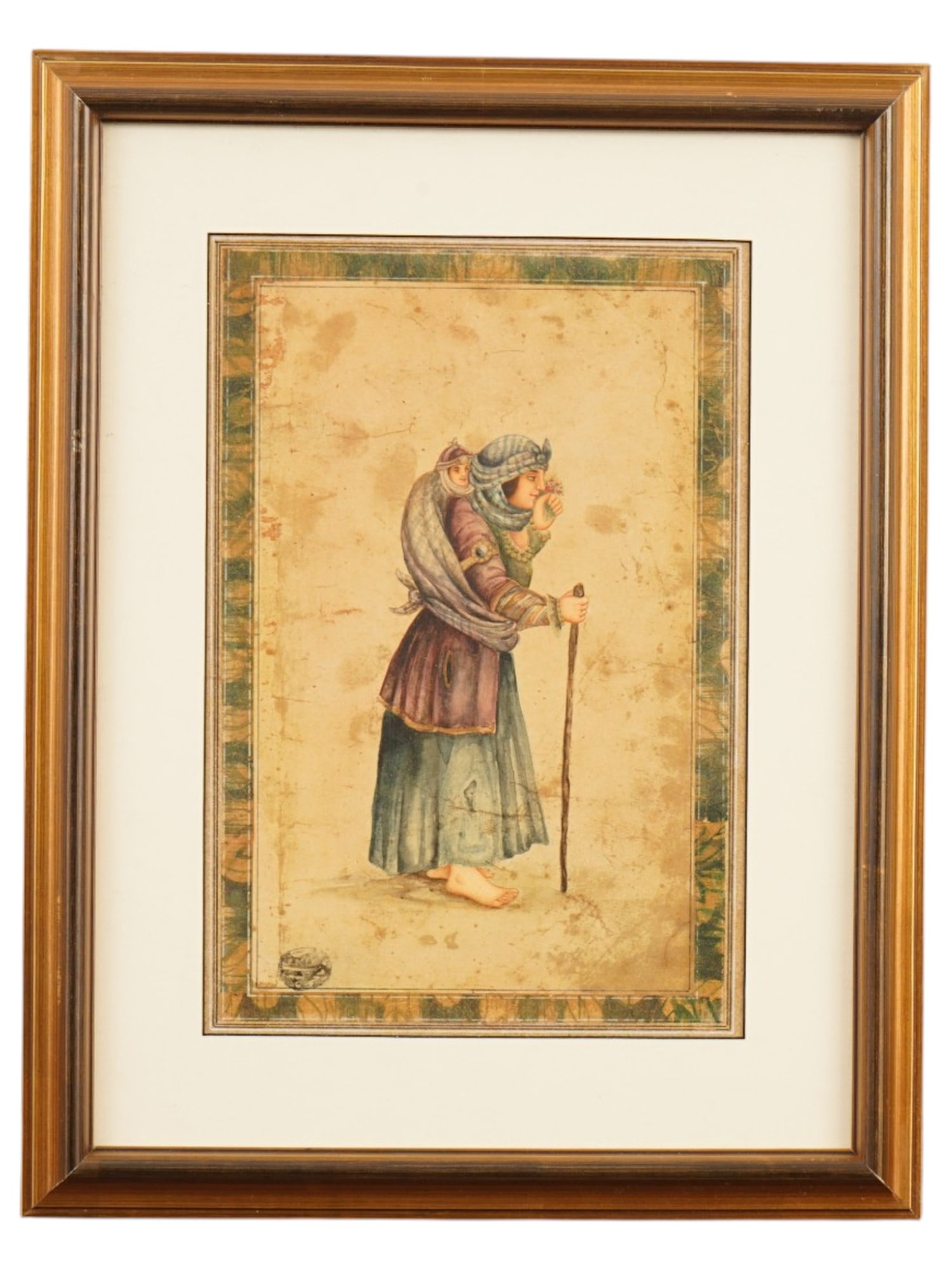 QAJAR STYLE PERSIAN MINIATURE PAINTING WOMAN AND CHILD: A Qajar-style Persian miniature painting depicting a woman and child. The composition portrays a barefoot woman leaning upon a rustic walking staff while smelling a flower, carrying a wrapped child up