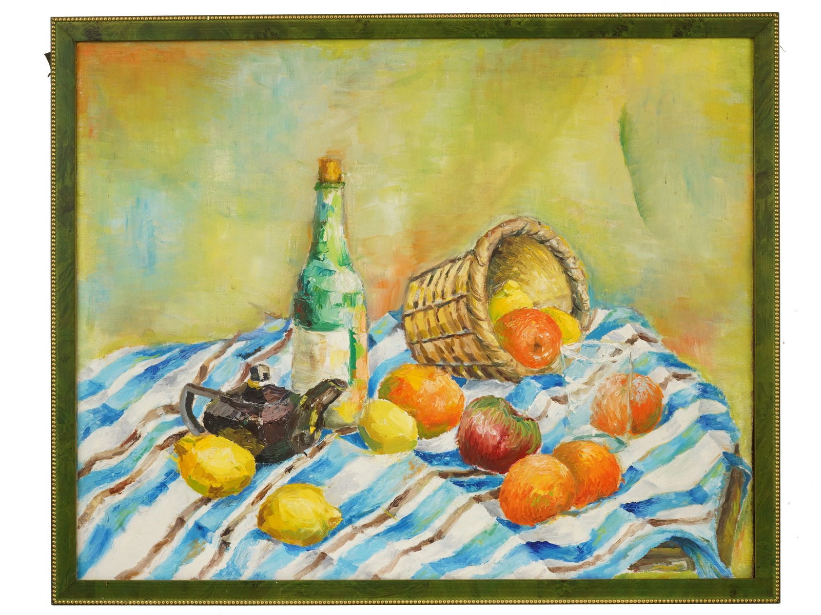 VINTAGE OIL ON CANVAS STILL LIFE PAINTING W FRUITS: A vintage oil on canvas still life painting. The painting depicts a vibrant still life composition featuring a variety of fruit, a green glass bottle, and an overturned wicker basket resting on a blue