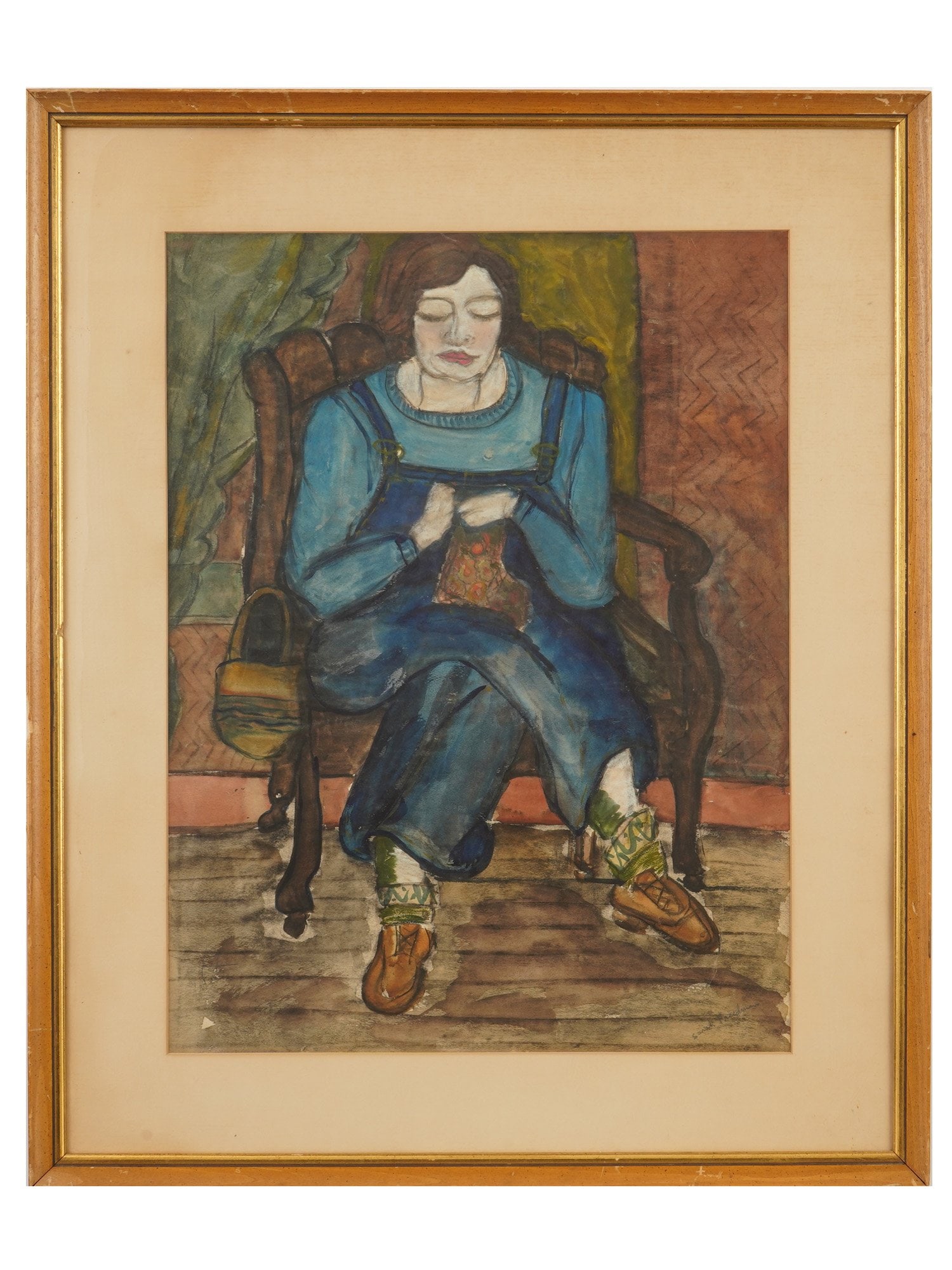 MODERNIST MIXED MEDIA PAINTING SIGNED SARAH FREEDMAN: A mixed media painting on paper of a modernist interior scene depicting a woman seated in a high-backed wooden armchair, deeply absorbed in knitting. Signed Sarah Freedman, American, 1894 to 1978, low