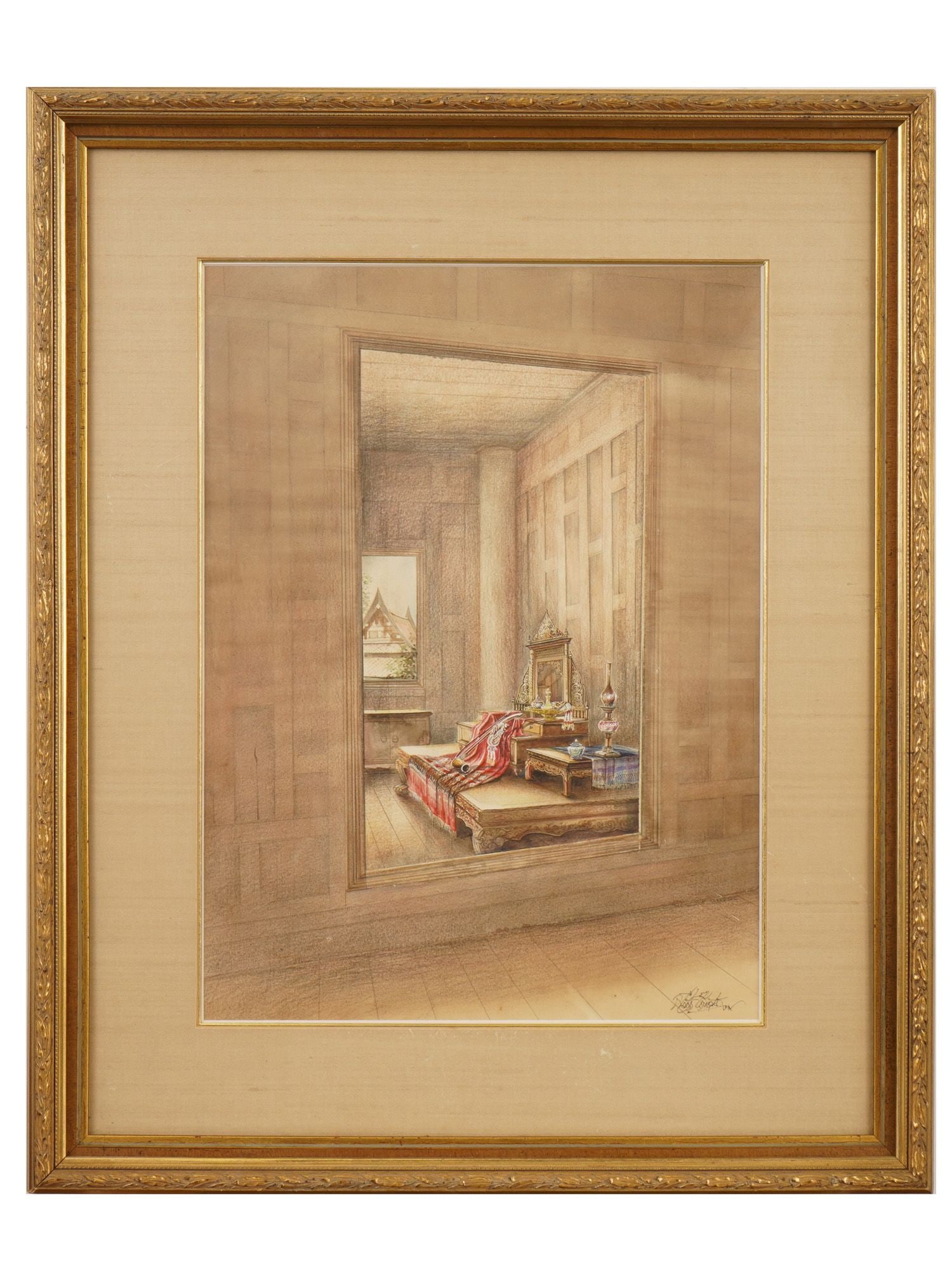 INTERIOR VIEW MIXED MEDIA PAINTING SIGNED: A mixed media painting on paper, features a detailed interior view of a room with a bed and striped upholstery set against a large window. The artist utilizes graphite and subtle washes to define the 