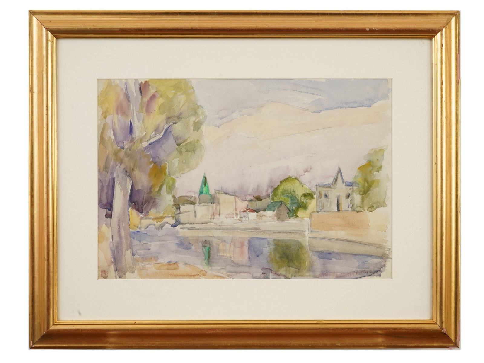 GREEK AMERICAN LANDSCAPE BY CONSTANTINE POUGIALIS: A vintage watercolor on paper landscape painting by Constantine Pougialis, 1894 to 1985, a Greek-born American painter and long-time professor at the Art Institute of Chicago. The painting depicts a t