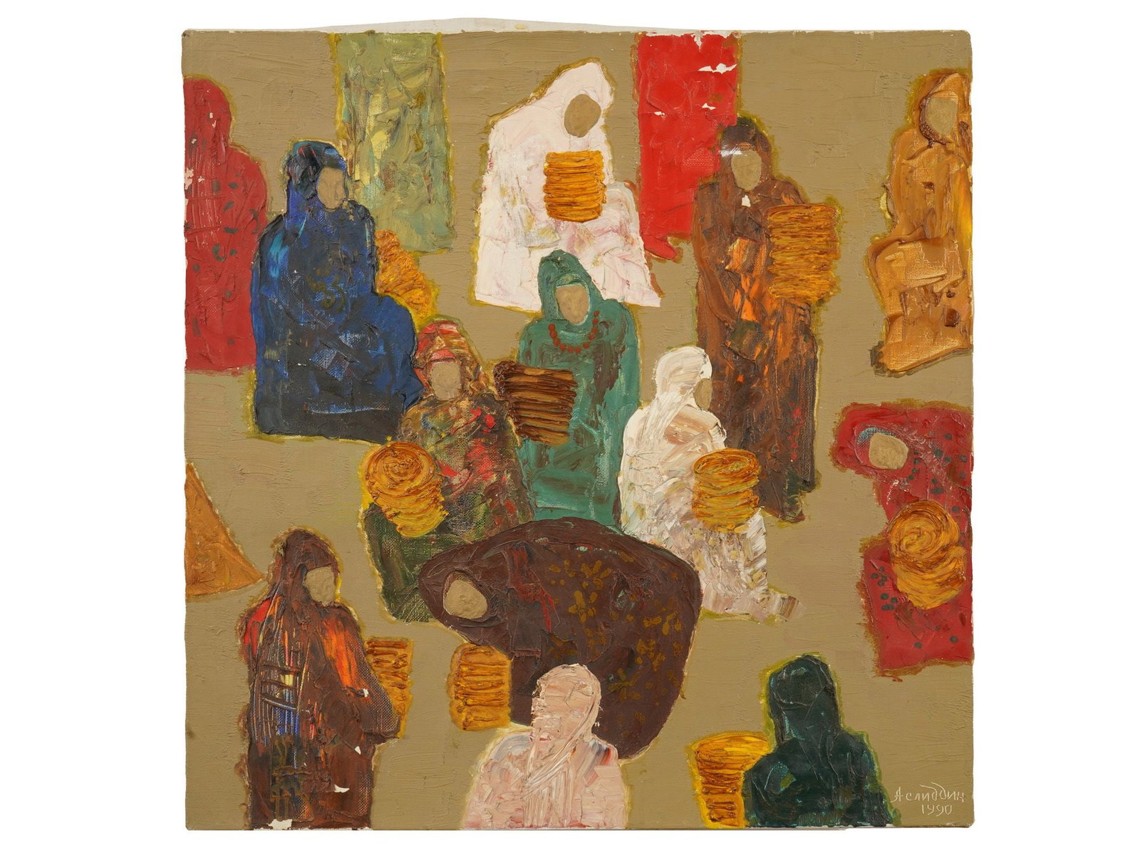 VINTAGE UZBEK OIL PAINTING BY ASLIDDIN ISAEV 1990: A vintage Uzbek oil on canvas genre painting by Asliddin Isaev. The painting depicts a colorful, multi-figured scene with women holding flatbreads. Signed and dated 1990, lower right. Additionally sig