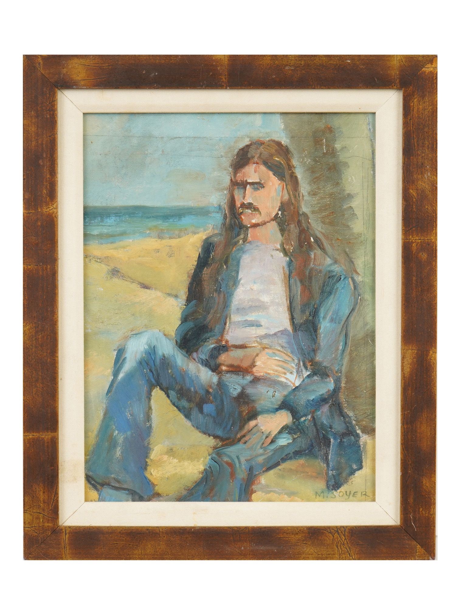 VINTAGE MALE PORTRAIT OIL PAINTING SIGNED M. SOYER: Oil painting on canvas over board. American, late 20th century. The artwork depicts a long-haired man in 1970s-style clothing sitting on the beach. Signed lower right, M. Soyer. Framed. Collectible Fi