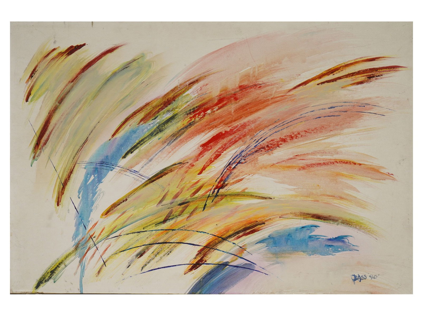 AMERICAN ABSTRACT ACRYLIC PAINTING SIGNED BASS: Acrylic painting on canvas over board. Abstract expressive polychrome composition resembling a field of hay. Signed Bass and dated 1990 lower right. Unframed. Collectible Fine Art, Abstraction, Contem