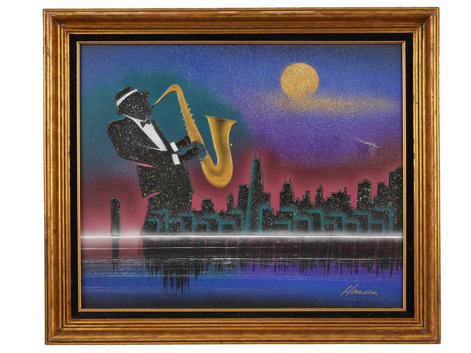 AMERICAN JAZZ PLAYER MIXED MEDIA PAINTING BY HANSEN (1 of 6)