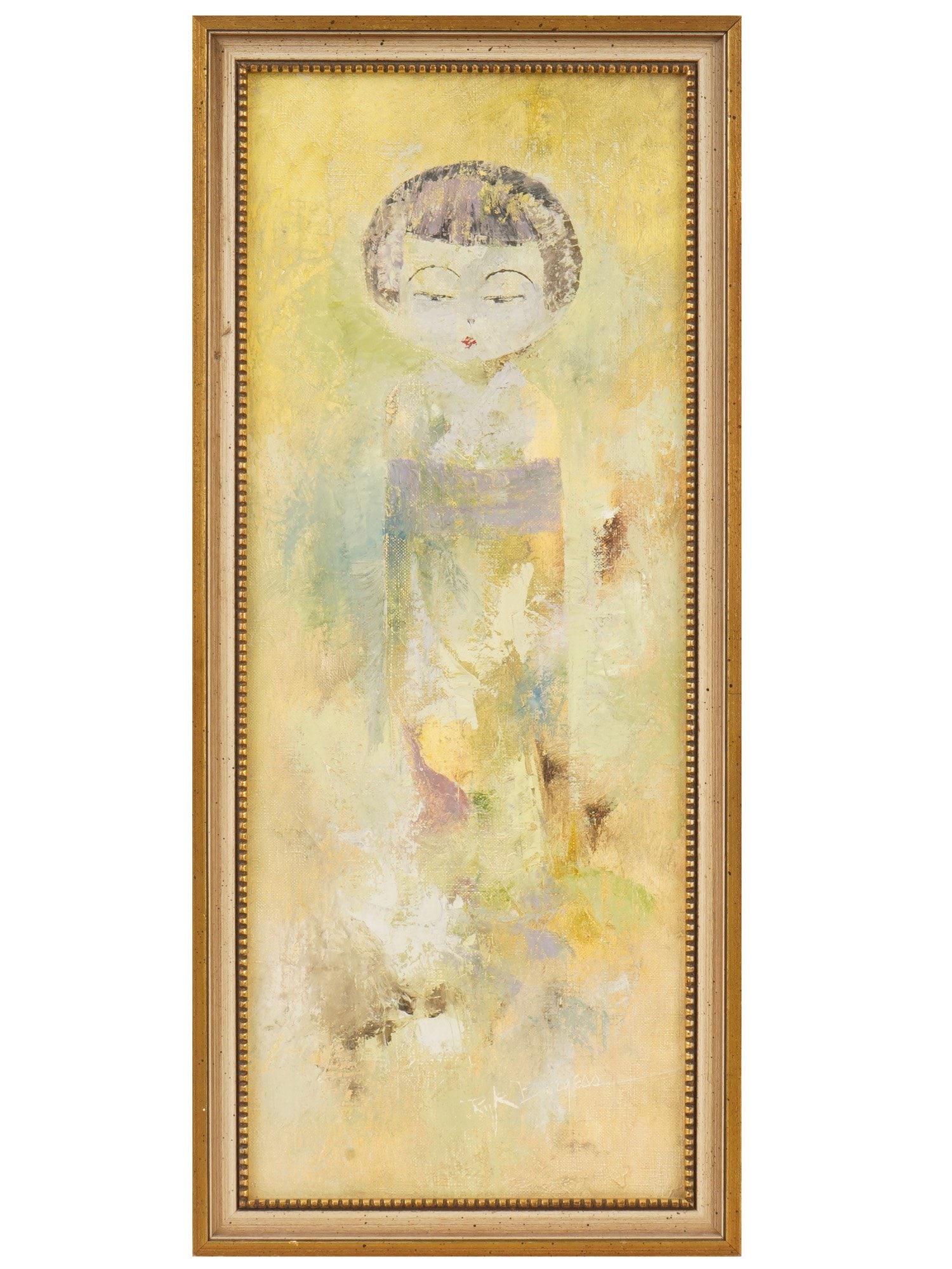 RYK BURGESS OIL PAINTING OF JAPANESE KOKESHI DOLL: Ryk Burgess, 1930 to 2007, an oil on canvas painting features a Japanese stylized female figure. Signed lower right. Additionally stamped and inscribed on the back side. The title Kokeshi IV suggests 