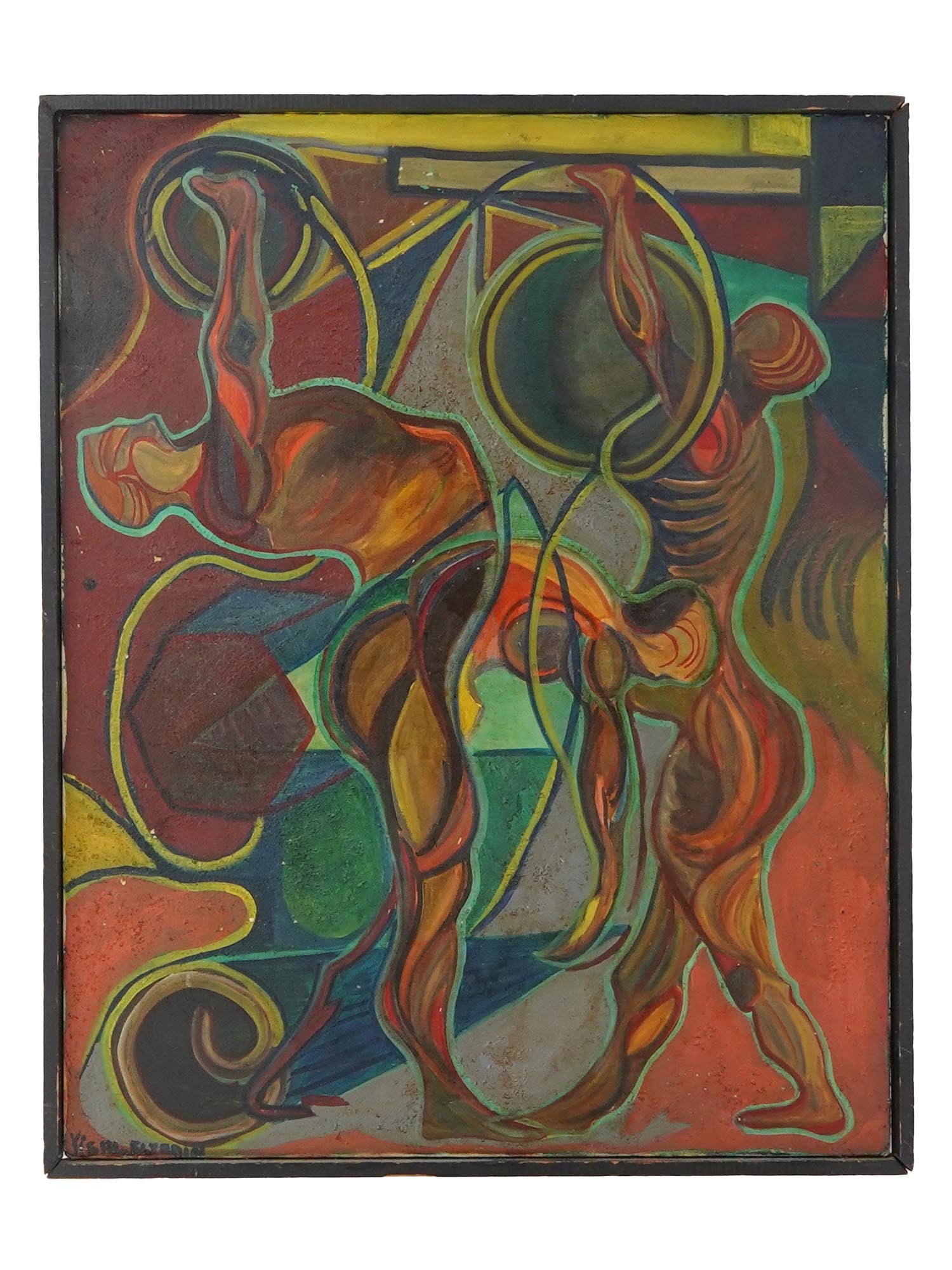 MIXED MEDIA ON CANVAS PAINTING BY YIGAL ELYADIN: A vintage mixed media on canvas painting by Yigal Elyadin. The painting depicts three semi-abstract male figures in dynamic poses. Framed. Signed lower left. Inscribed on the back side. Yigal Elyadin,