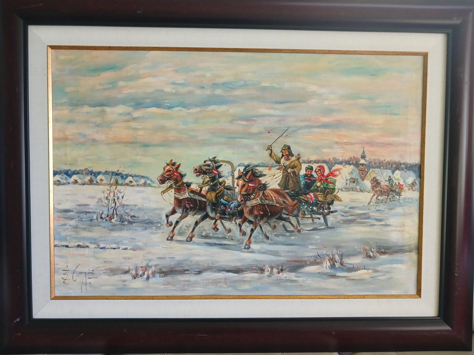 ZBIGNIEW ZOLKIEWSKI POLISH WINTER LANDSCAPE PAINTING: Zbigniew Zolkiewski, alias Z. Cygan, Polish, born 1936, oil painting on canvas. The artwork depicts a winter sleigh ride. Signed lower left. Undated. Framed. Zbigniew Zolkiewski studied at the Academy