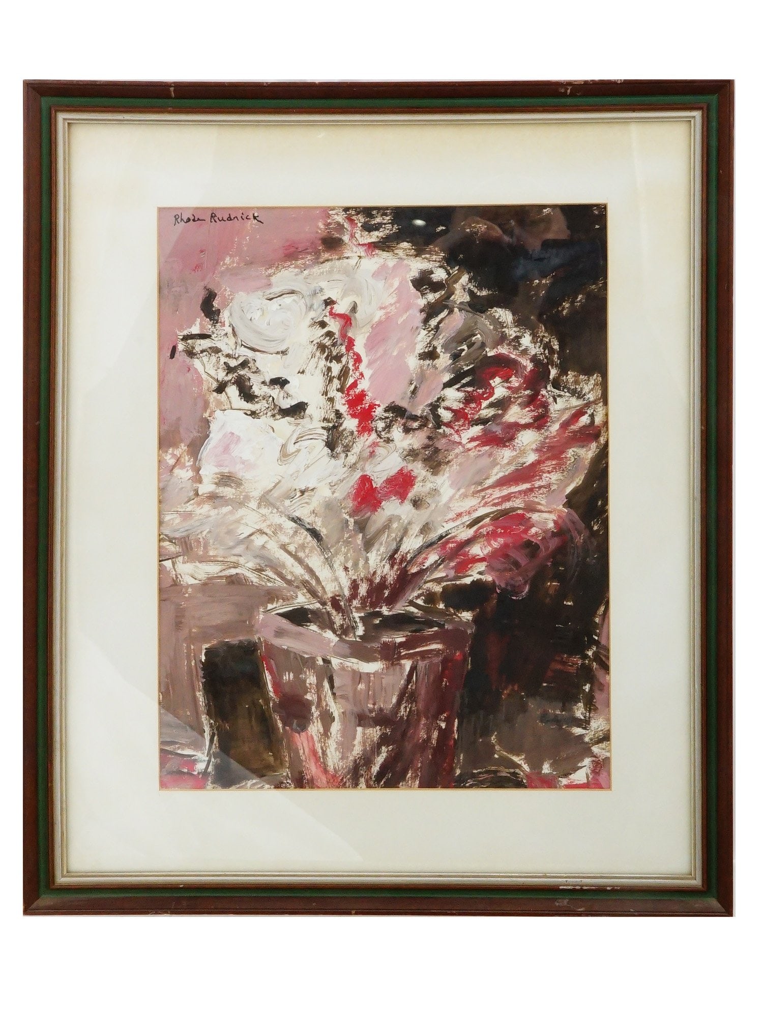 ABSTRACT GOUACHE PAINTING SIGNED RHODA RUDNICK: A gouache painting on paper features gestural, abstract still life executed with a palette of pink, red, white, and dark umber. Signed Rhoda Rudnick upper left. Matted and framed. Modernism, Chicago A