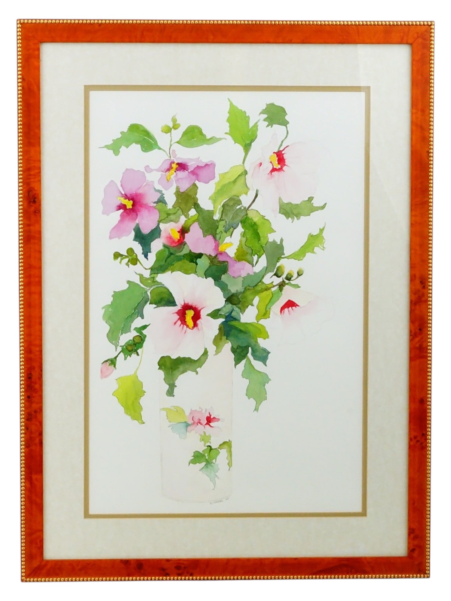 LARGE MODERN BOTANICAL WATERCOLOR PAINTING: A large modern botanical watercolor painting on paper signed by C. Walsh and dated 2001. The composition depicts an elegant arrangement of Rose of Sharon blossoms displayed in a tall white ceramic vas