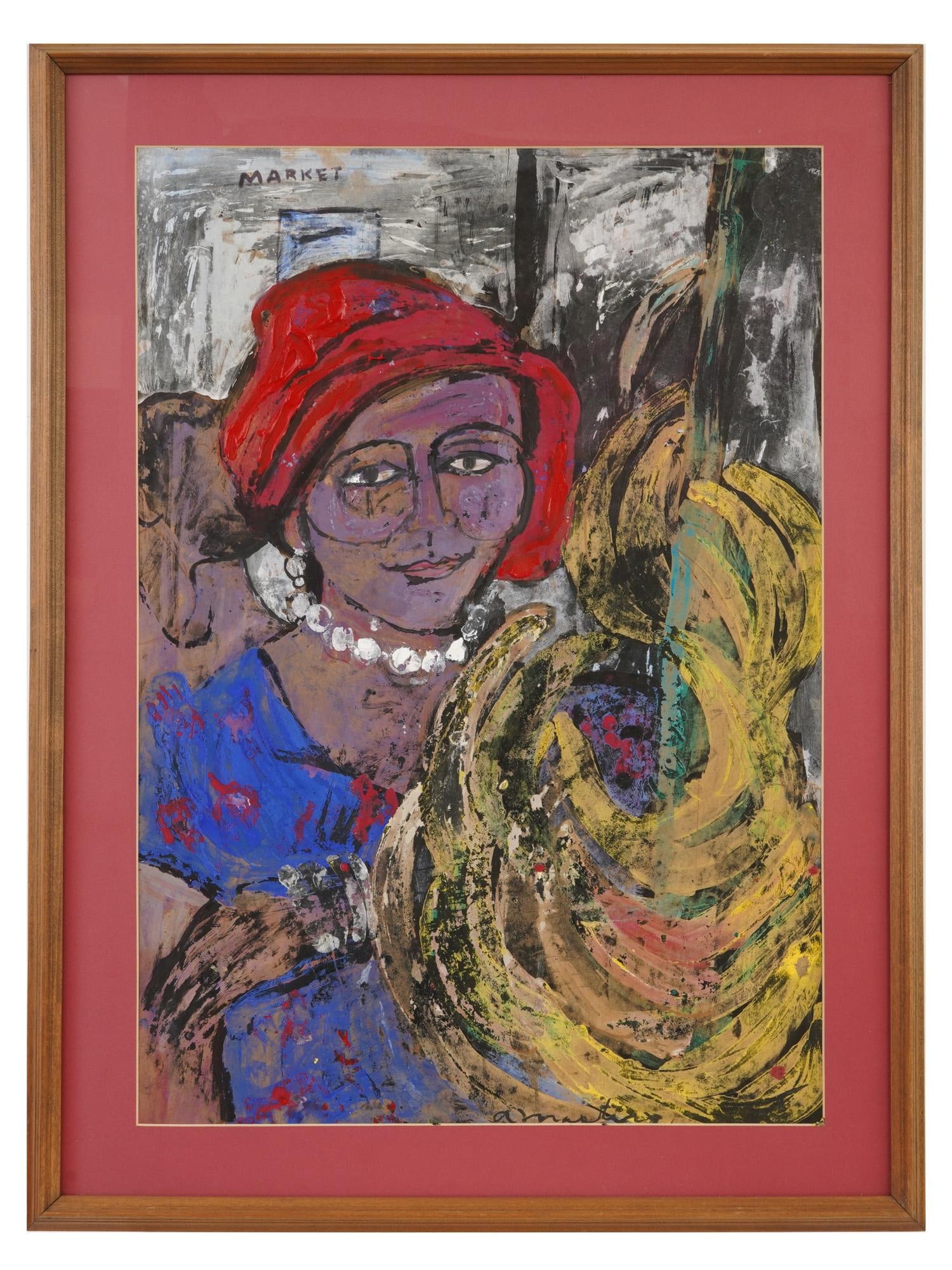 VINTAGE EXPRESSIONIST MIX MEDIA ON PAPER PAINTING: A vintage mid-century expressionist mixed media on paper painting. The painting depicts a portrait of a young woman wearing a red hat and glasses, executed in vibrant colors with dynamic, thick brushs