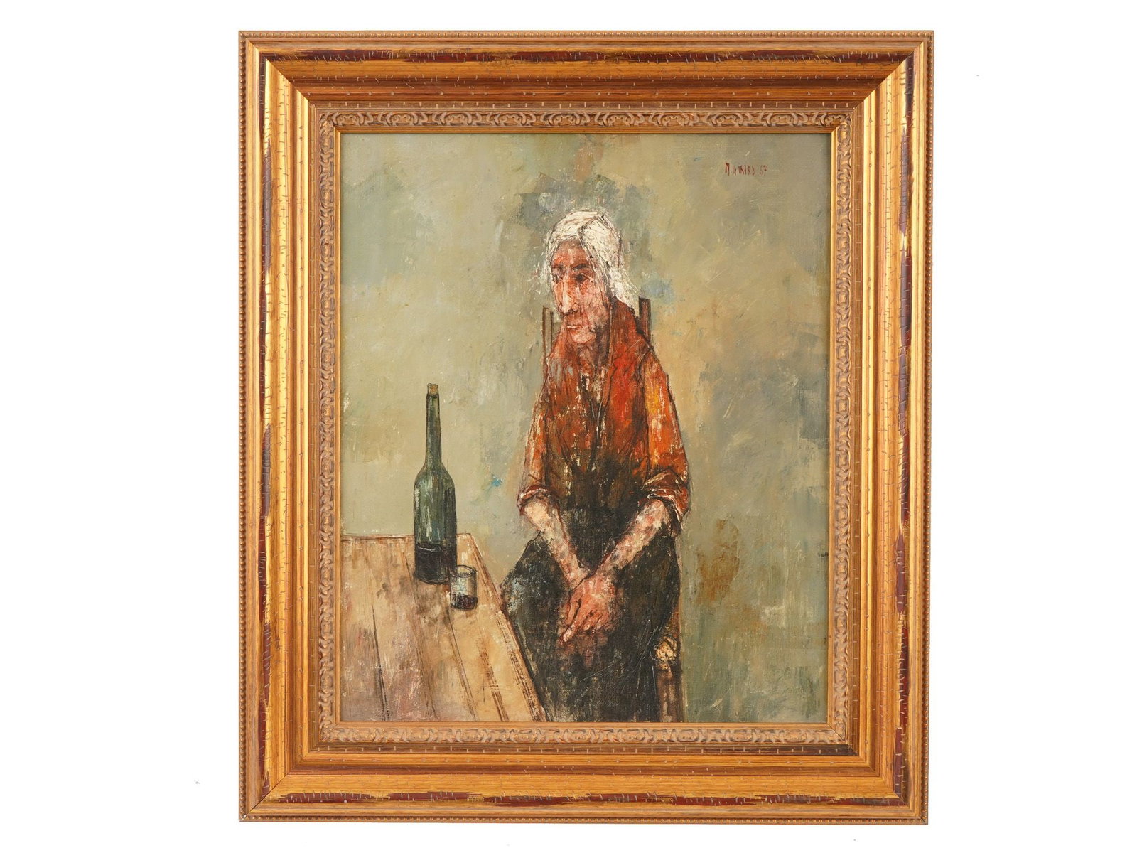 FRENCH PORTRAIT OIL PAINTING SIGNED MICHEL GIRARD: A mid-century oil on canvas painting depicts an elderly woman in traditional attire seated beside a wooden table with a wine bottle and glass. Signed M. Girard in the upper right quadrant, dated 1967.