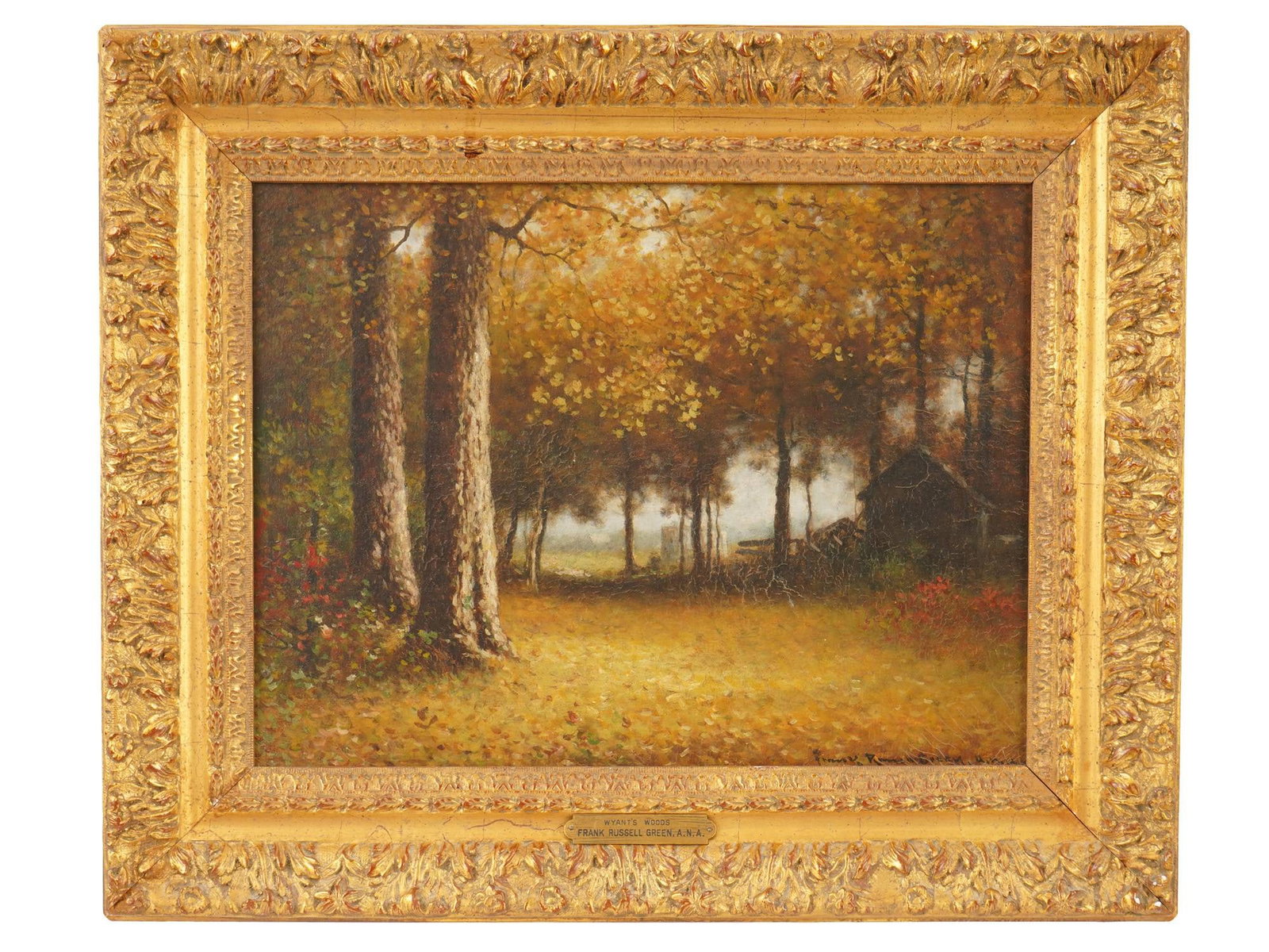 ANTIQUE AMERICAN OIL PAINTING SIGNED F RUSSELL GREEN: An antique American oil on canvas landscape painting. Signed Frank Russell Green, 1856 to 1940, lower right. Titled Wyants Woods, on the nameplate attached to the frame. Descriptive info about the art