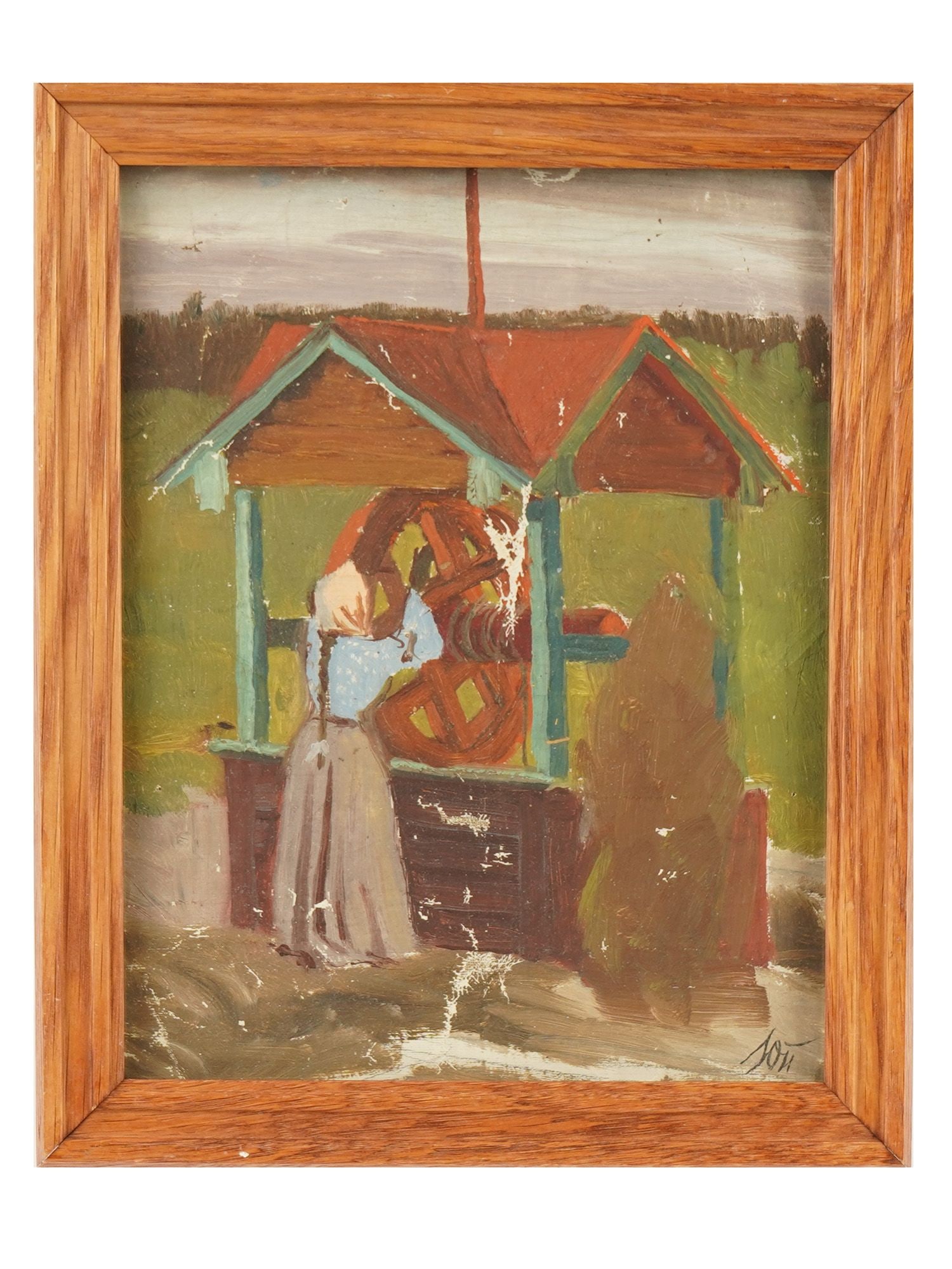 UKRAINIAN RURAL SCENE OIL PAINTING BY YURI PAVLOVICH: Yuri Y. Pavlovich, Ukrainian, 1872 to 1947, oil painting on canvas over board depicting a rural genre scene with a girl raising water from a well. Tabletop frame with a stand. Signed with monogram low