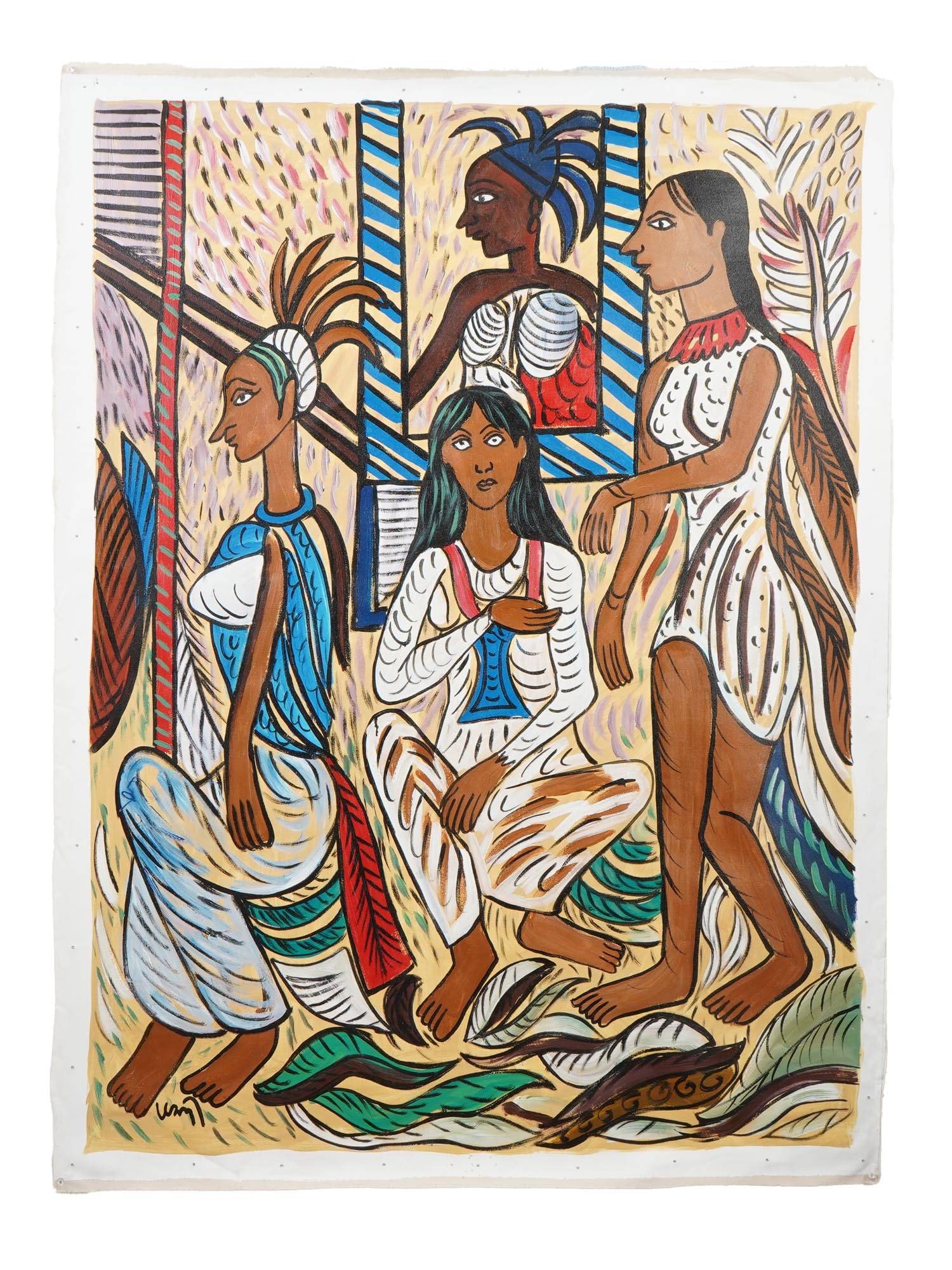 AFTER KG SUBRAMANYAN INDIAN OIL PAINTING WITH COA: Kalpathi Ganpathi Subramanyan, Indian, 1924 to 2016, oil on canvas painting. The artwork depicts a multi-figure scene with female characters. Signed in the lower left. Undated, untitled. The painting 