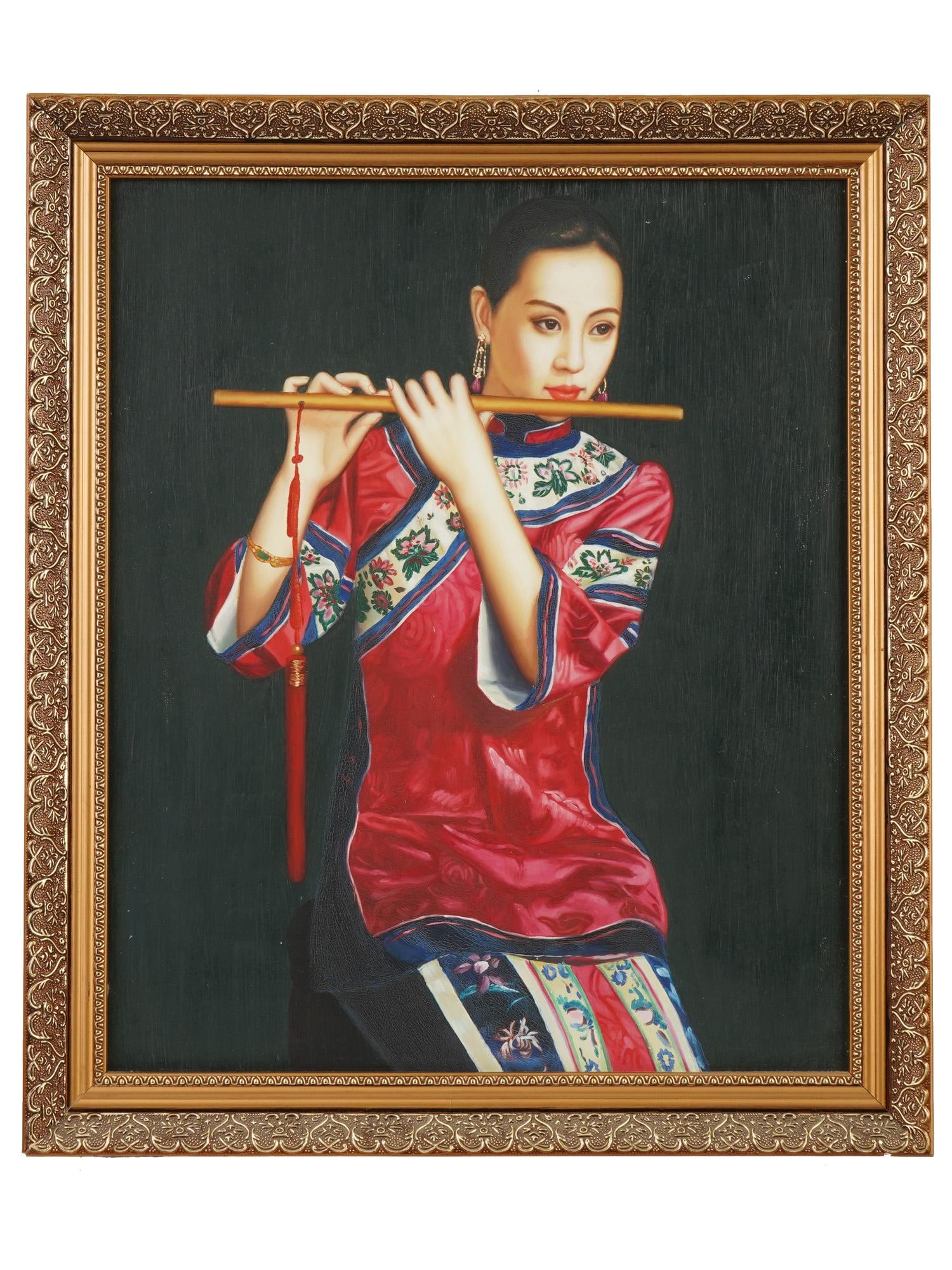 MODERN OIL PAINTING YOUNG CHINESE WOMAN PLAYING FLUTE: A modern oil painting on canvas depicting a young Chinese woman elegantly dressed in a richly embroidered red qipao cheongsam while playing a traditional dizi bamboo flute adorned with a flowing red s
