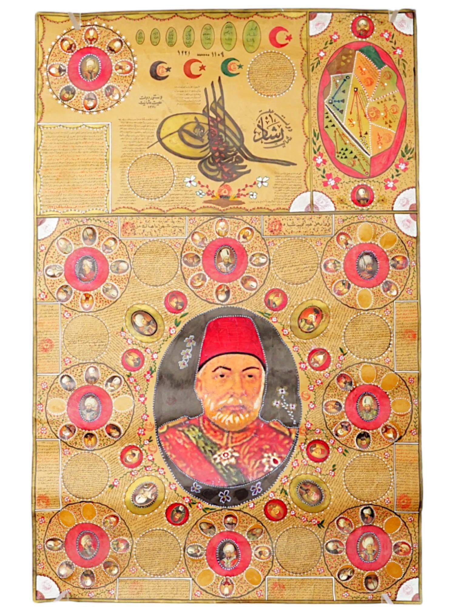 OTTOMAN SULTAN LINEAGE COLLAGE PAINTING W MANUSCRIPT (1 of 7)