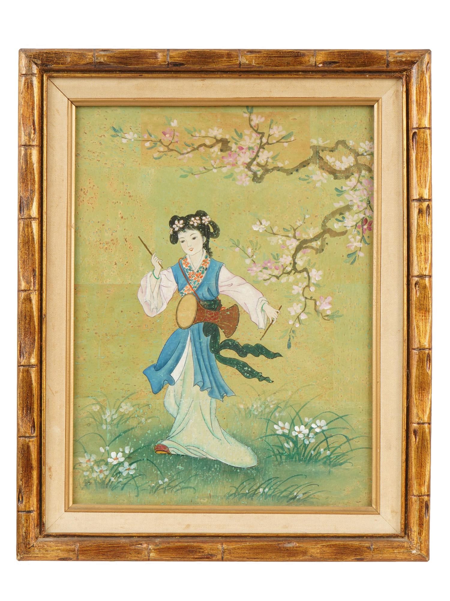 VINTAGE ASIAN MIXED MEDIA ON PAPER PAINTING: A vintage Asian mixed media on paper painting. The painting depicts a young girl walking through the forest, playing a drum. Circa mid to late 20th century. Unsigned. Bamboo frame. Asian Oriental Fine