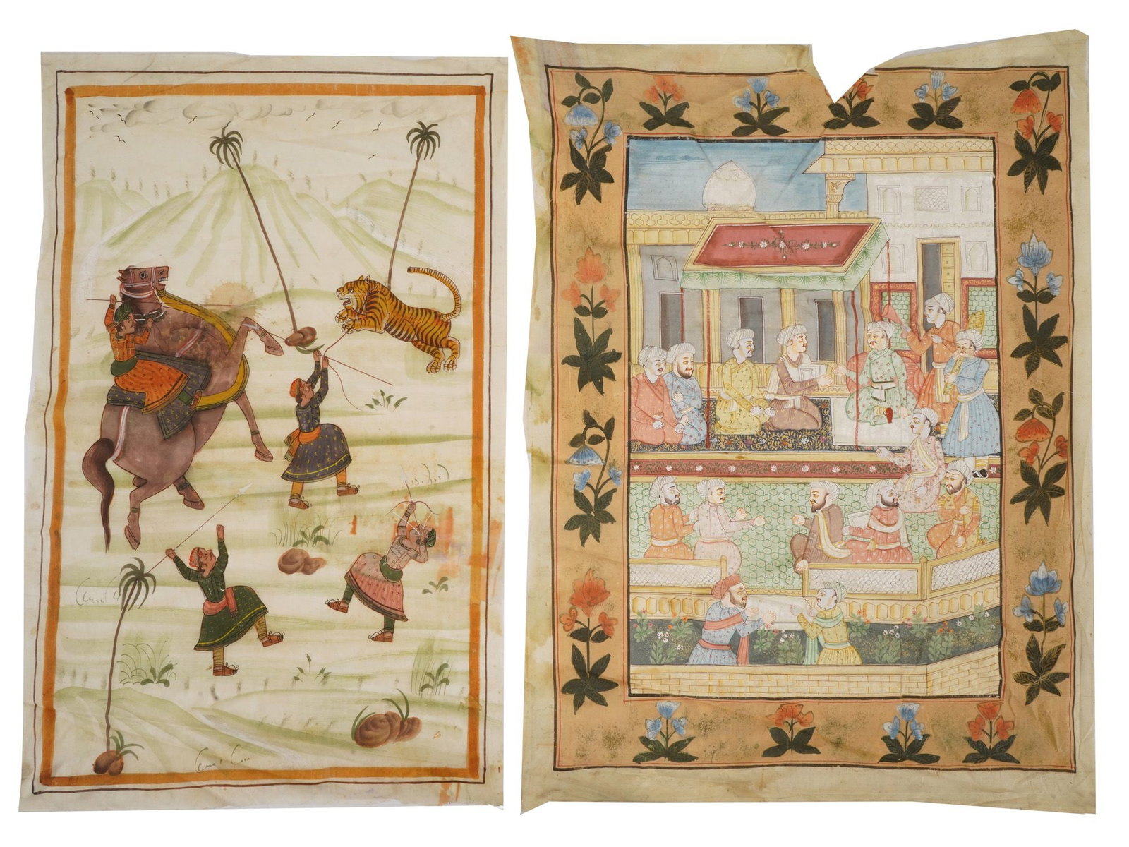 TWO INDIAN MIXED MEDIA PAINTINGS ON TEXTILE GROUND (1 of 6)