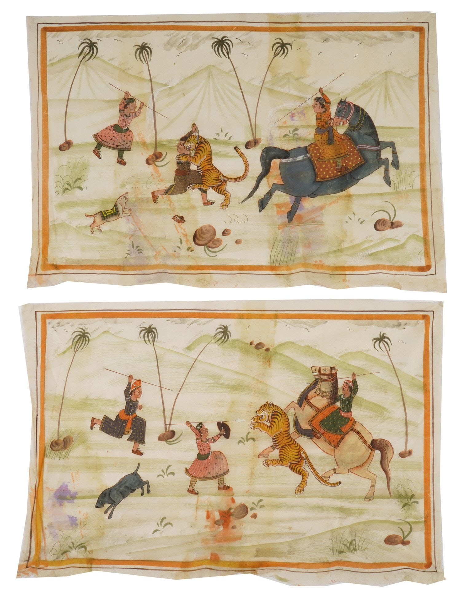 VINTAGE INDIAN MINIATURE TEXTILE PAINTINGS TIGER SCENES (1 of 4)