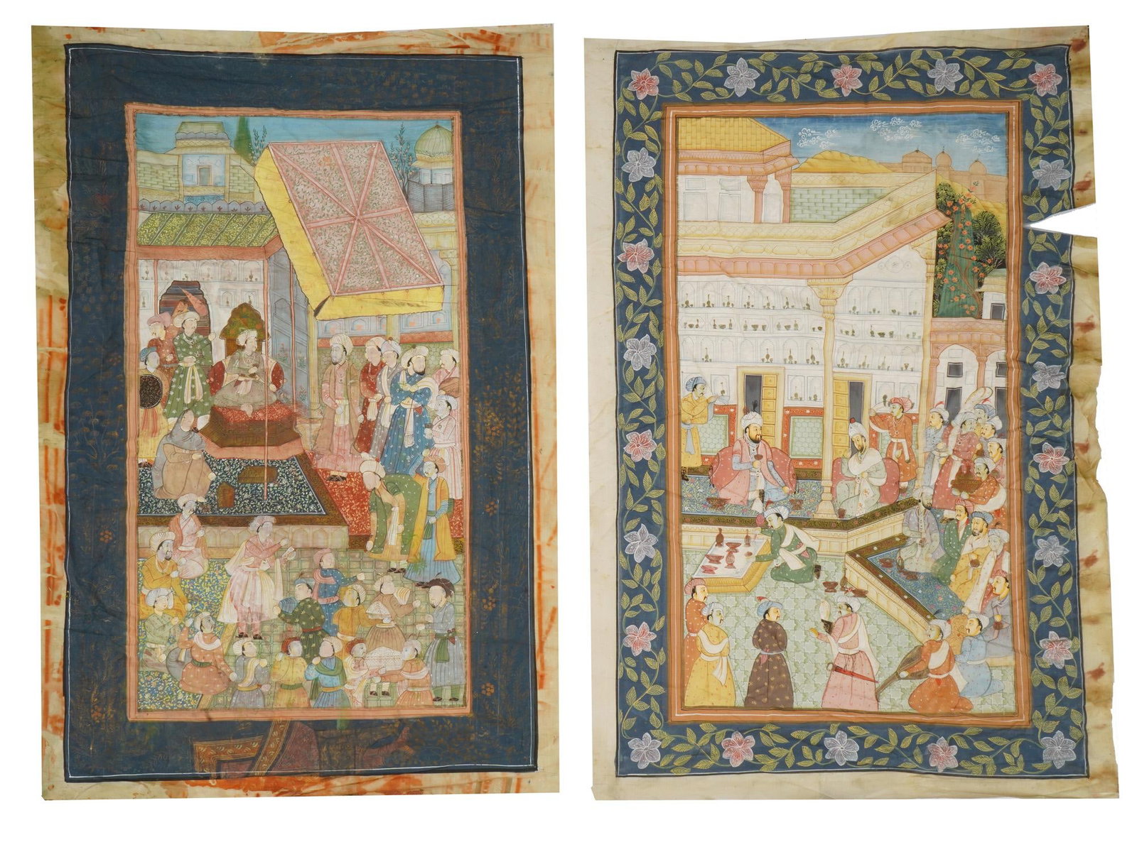 LOT OF INDIAN MUGHAL MINIATURE PAINTINGS ON SILK: A lot of two Indian mixed media miniature painting on silk depicting a genre scene of an official reception at the palace. Each composition features a hand painted frame, onr frame is adorned with an 