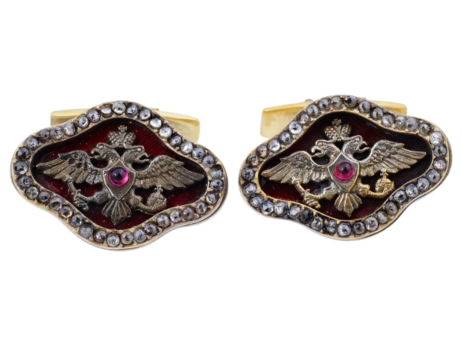 RUSSIAN EAGLE SILVER ENAMEL RUBY DIAMONDS CUFFLINKS - 2