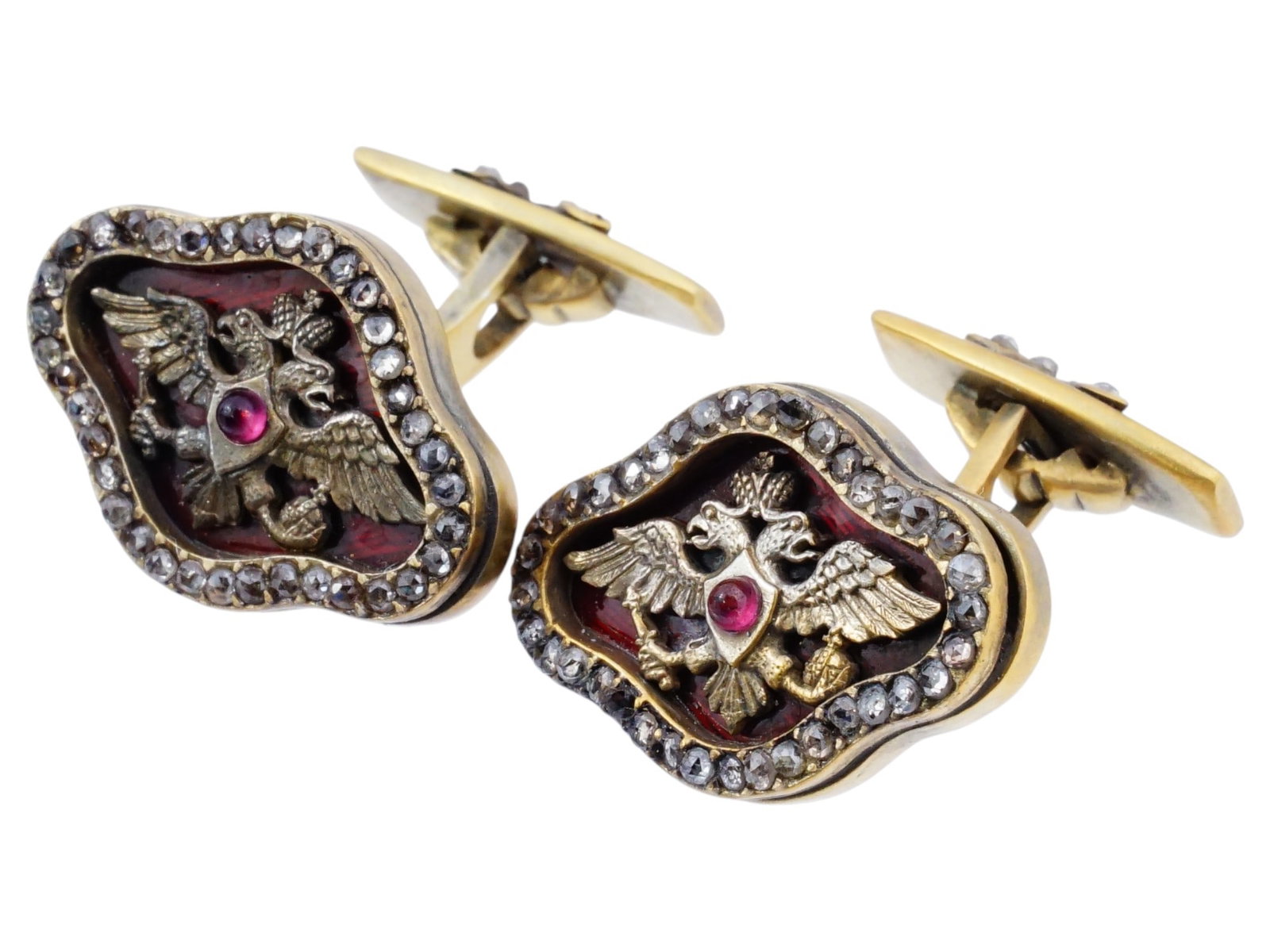 RUSSIAN EAGLE SILVER ENAMEL RUBY DIAMONDS CUFFLINKS - 3