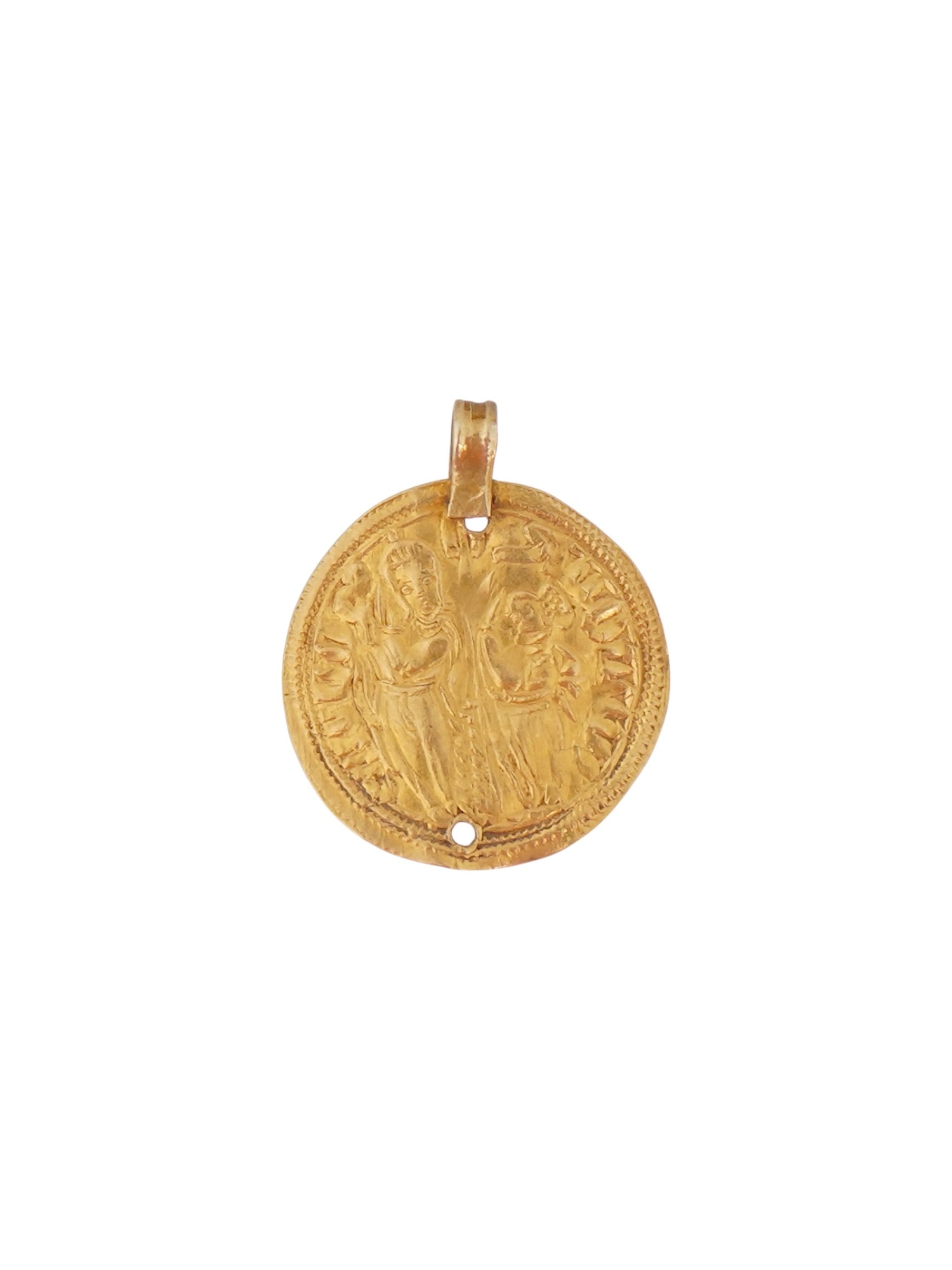 ANTIQUE ITALIAN VENETIAN SEQUIN GOLD COIN PENDANT: An antique Italian Venetian sequin gold coin pendant. The pendant features an ornate, circular shape with intricate engravings. Designed with a convenient loop at the top. Antique Gold Jewelry Wares, 