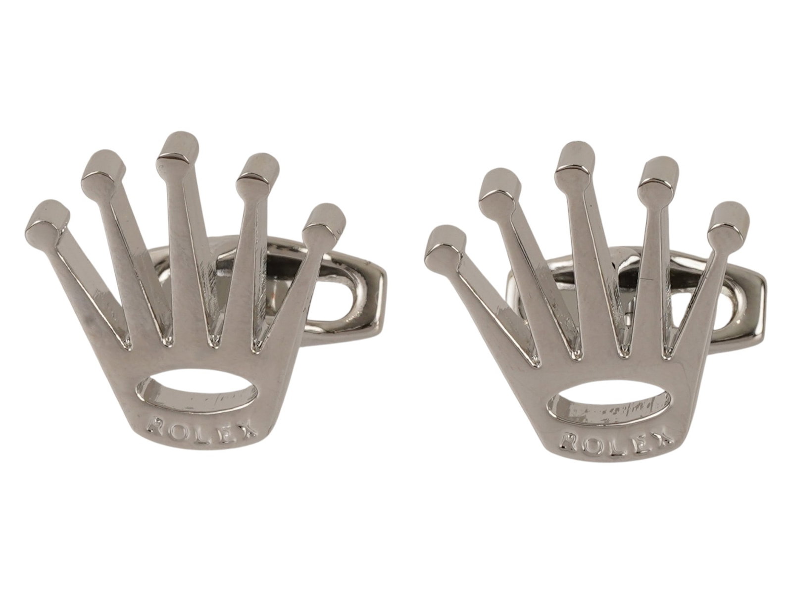 PAIR OF MENSWEAR ROLEX CROWN LOGO DESIGN CUFFLINKS: A pair of cufflinks is fashioned in the likeness of the signature five point Rolex crown logo, featuring a polished silver tone finish. Each piece is constructed with a swivel toggle back mechanism fo