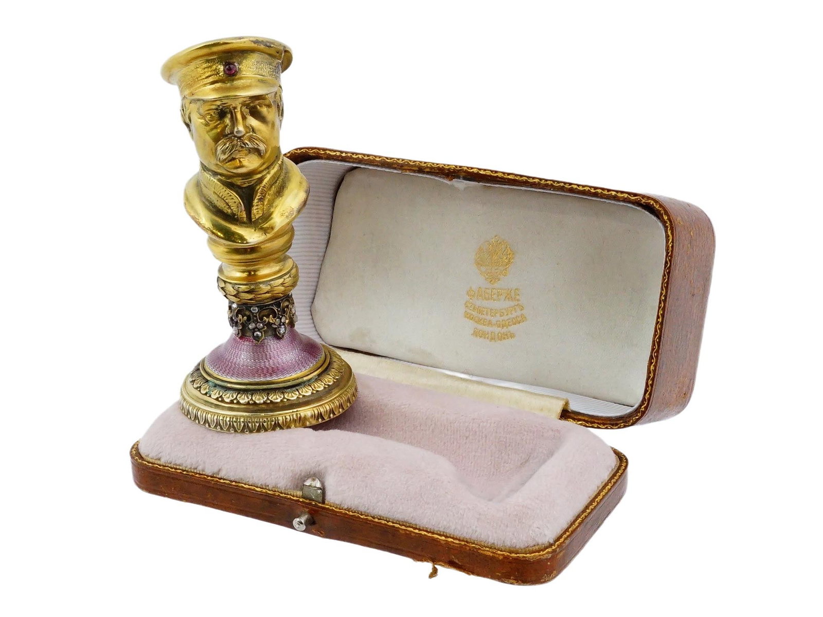 RUSSIAN 84 SILVER ENAMEL STAMP SEAL WITH DIAMONDS: A Russian silver enamel stamp seal featuring a bust of a man in a cap set with a precious stone in the center. The stamp is decorated with purple guilloche enamel, a wreath, and plant motifs. It is en