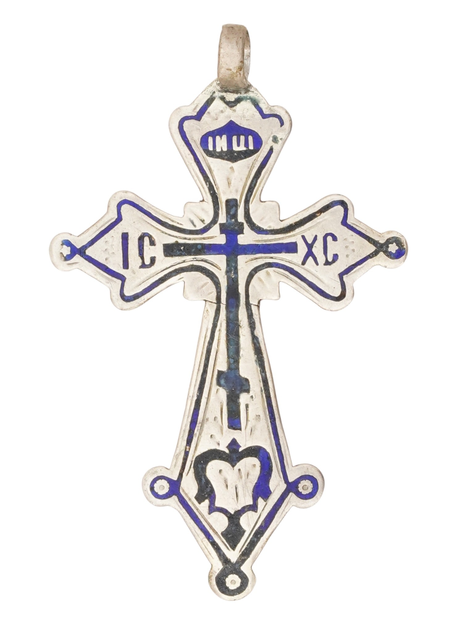 RUSSIAN SILVER CHAMPLEVE ENAMEL CROSS PENDANT: A Russian silver Orthodox cross with cobalt blue champleve enamel design. Hallmark of 84 silver standard and makers mark are on the backside. Total weight: 4.84 grams. Russian Religious Items And