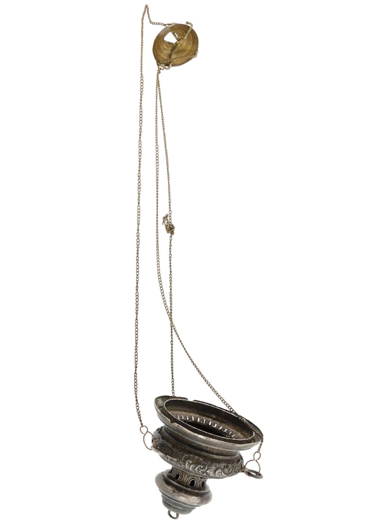 ANTIQUE RUSSIAN GILT SILVER ICON LAMPADA: A Russian gilt silver icon lampada hanging from a ring on three long chains. Embossed ornamental decor. Hallmark of 88 silver standard and makers marks are on the inside. Total Weight: 197 grams.