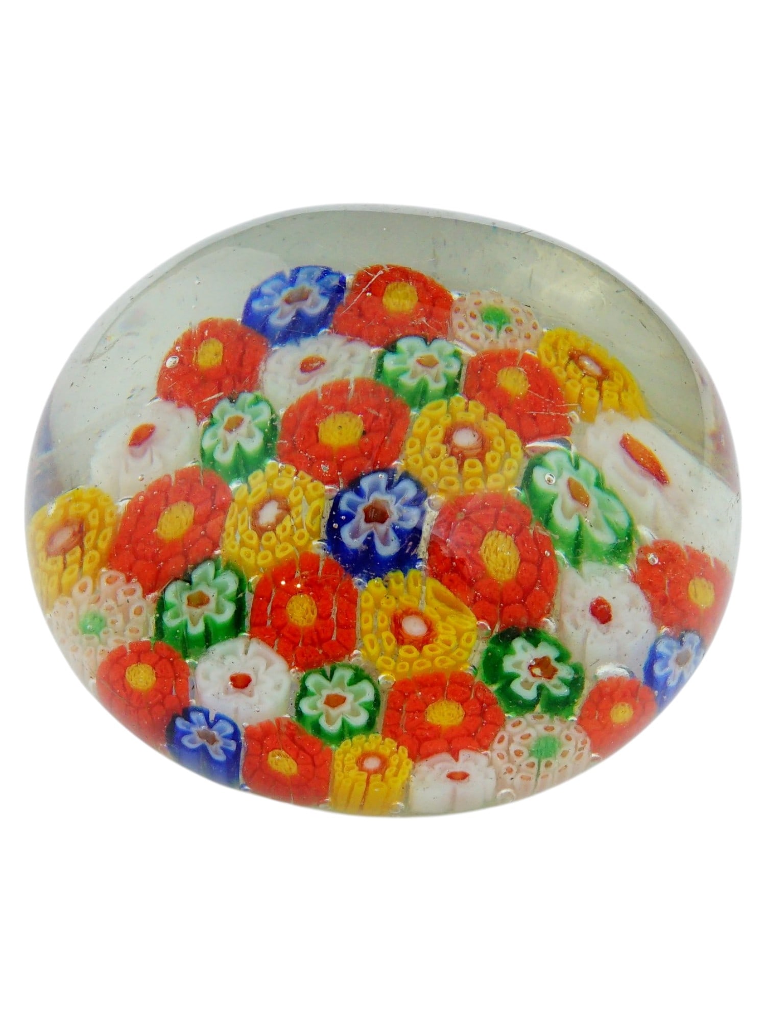 ITALIAN MURANO MILLEFIORI GLASS PAPERWEIGHT: A vintage hand-crafted oval-shaped glass paperweight of Murano Millefiori design in blue, green, yellow and red. Unmarked. Collectible Glassware, Decor And Desk Accessories. THIS LOT IS ELIGIBL