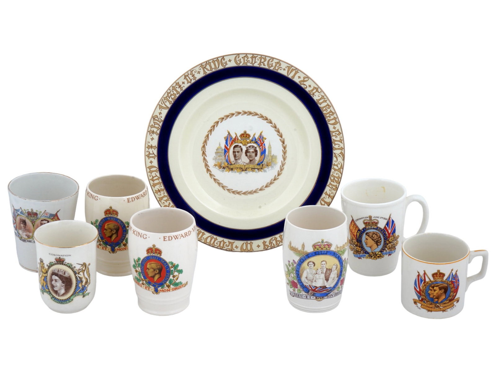 ENGLISH QUEEN ELIZABETH KING GEORGE PLATE AND CUPS: A vintage set of English ceramic tableware dedicated to members of the royal family of England. Including a plate created to commemorate the visit in 1939 of King George and Queen Elizabeth to Canada 