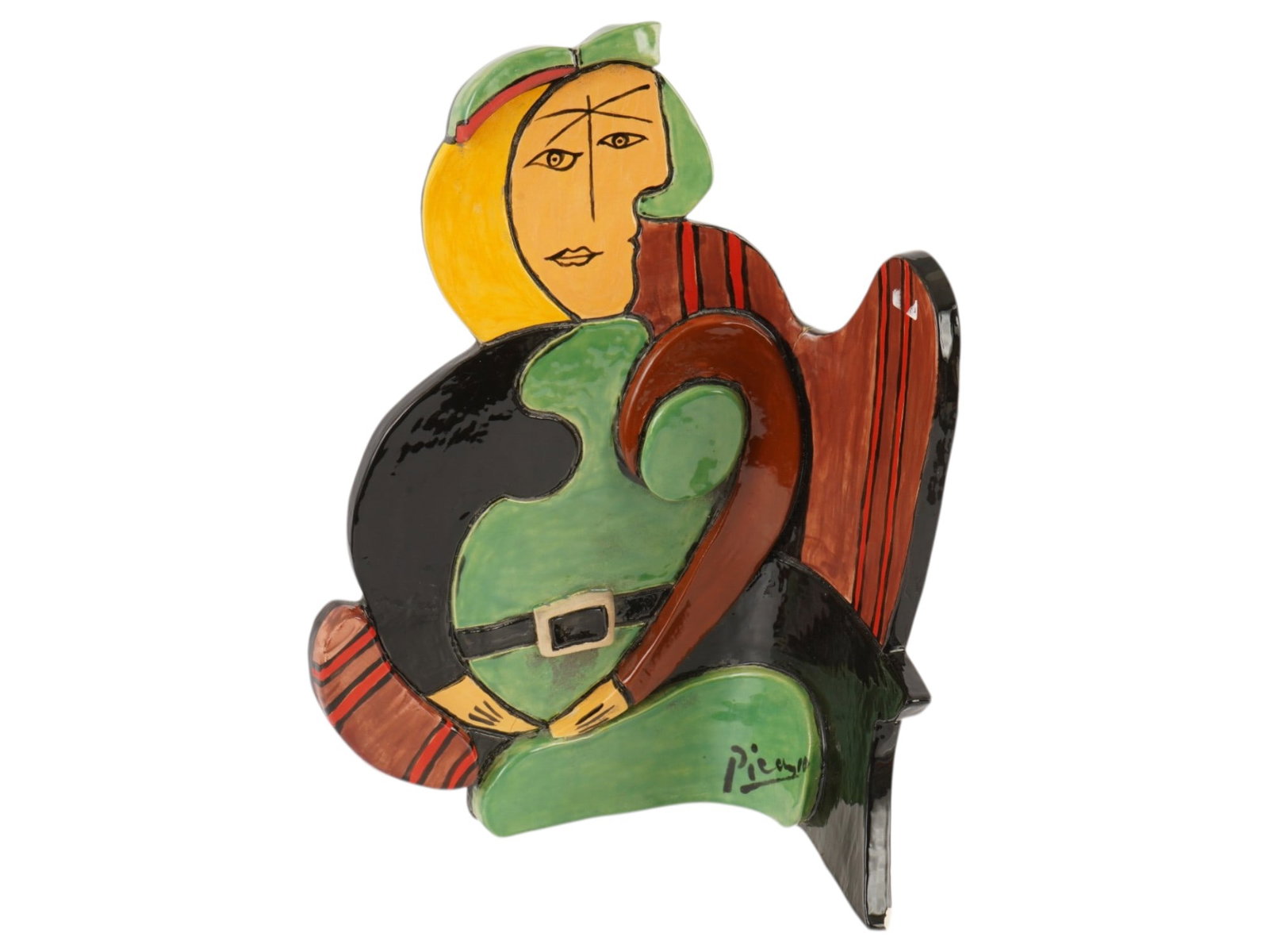 MODERNIST CERAMIC SCULPTURE AFTER PABLO PICASSO: A ceramic sculpture after the original painting, The Red Armchair or Woman in the Red Armchair, created in 1931 by Pablo Picasso. The painting depicts Marie Therese Walter, the artists muse and
