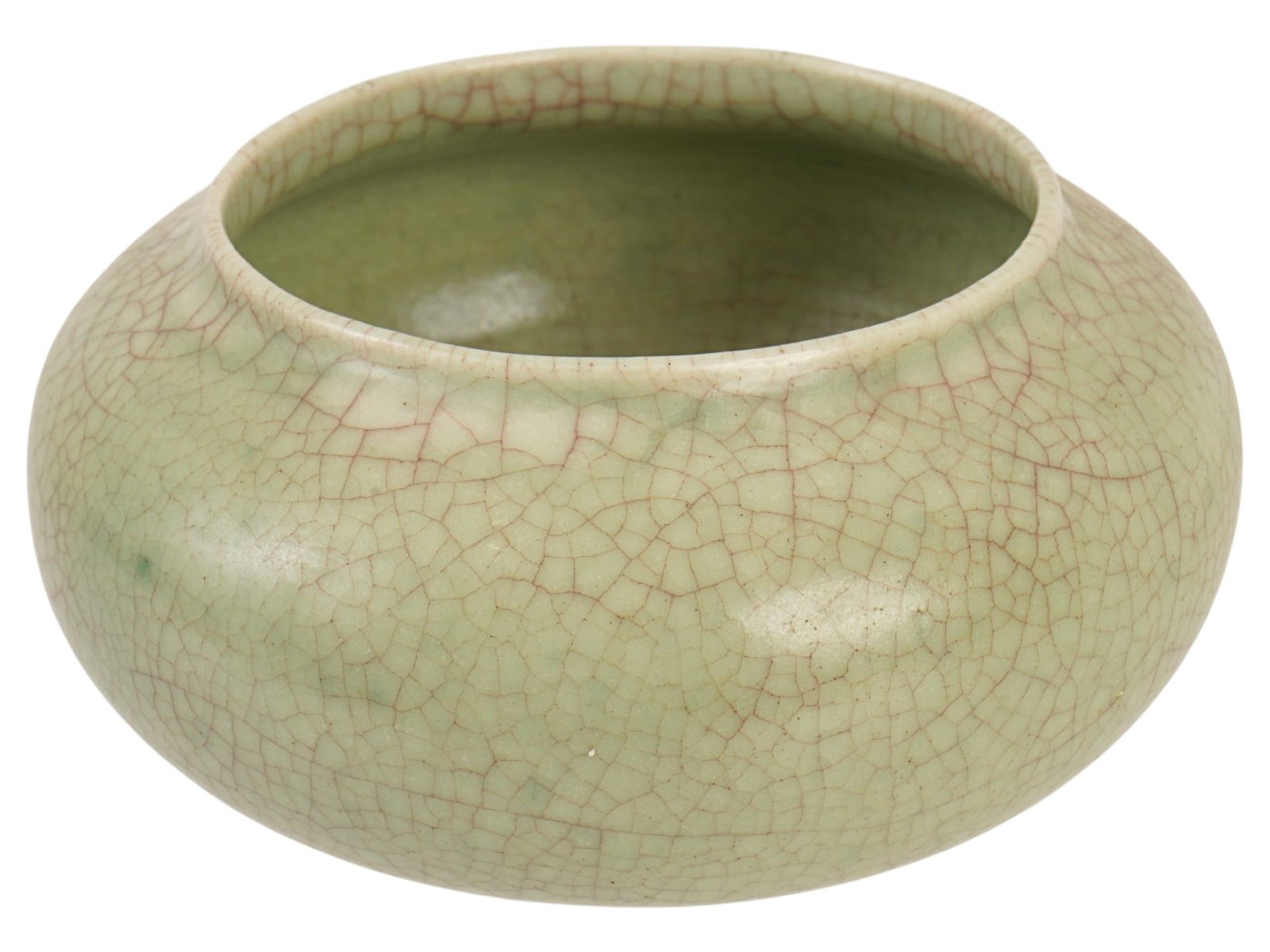VINTAGE PAUL BELLANDO STUDIO GLAZED STONEWARE VESSEL: A vintage glazed stoneware vessel in the style of noted studio potter Paul Bellando, inspired by the refined forms and crackled glazes of traditional Chinese Ge ware ceramics. The low compressed