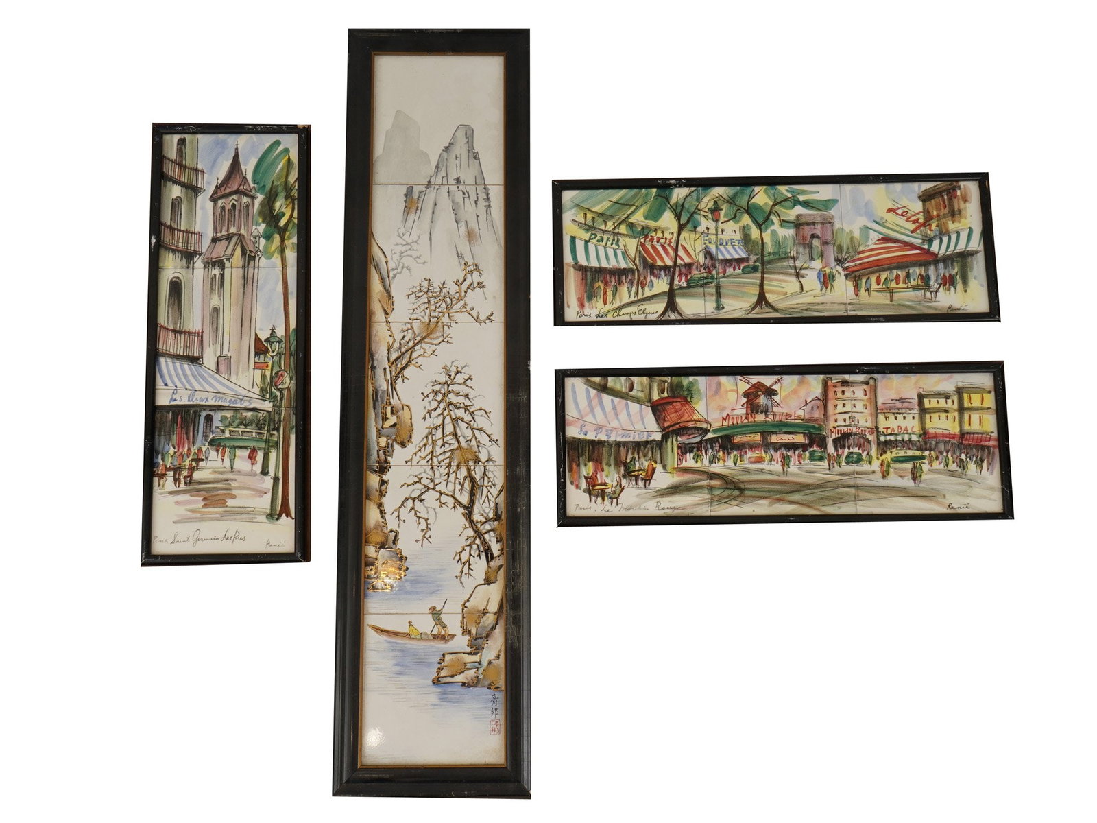 DECORATIVE CERAMIC ART TILES CHINESE PARISIAN SCENES: A group of four decorative ceramic art tiles featuring three Parisian landmark scenes and one traditional Chinese porcelain plaque. The Paris tiles, signed Renee, depict iconic locations including