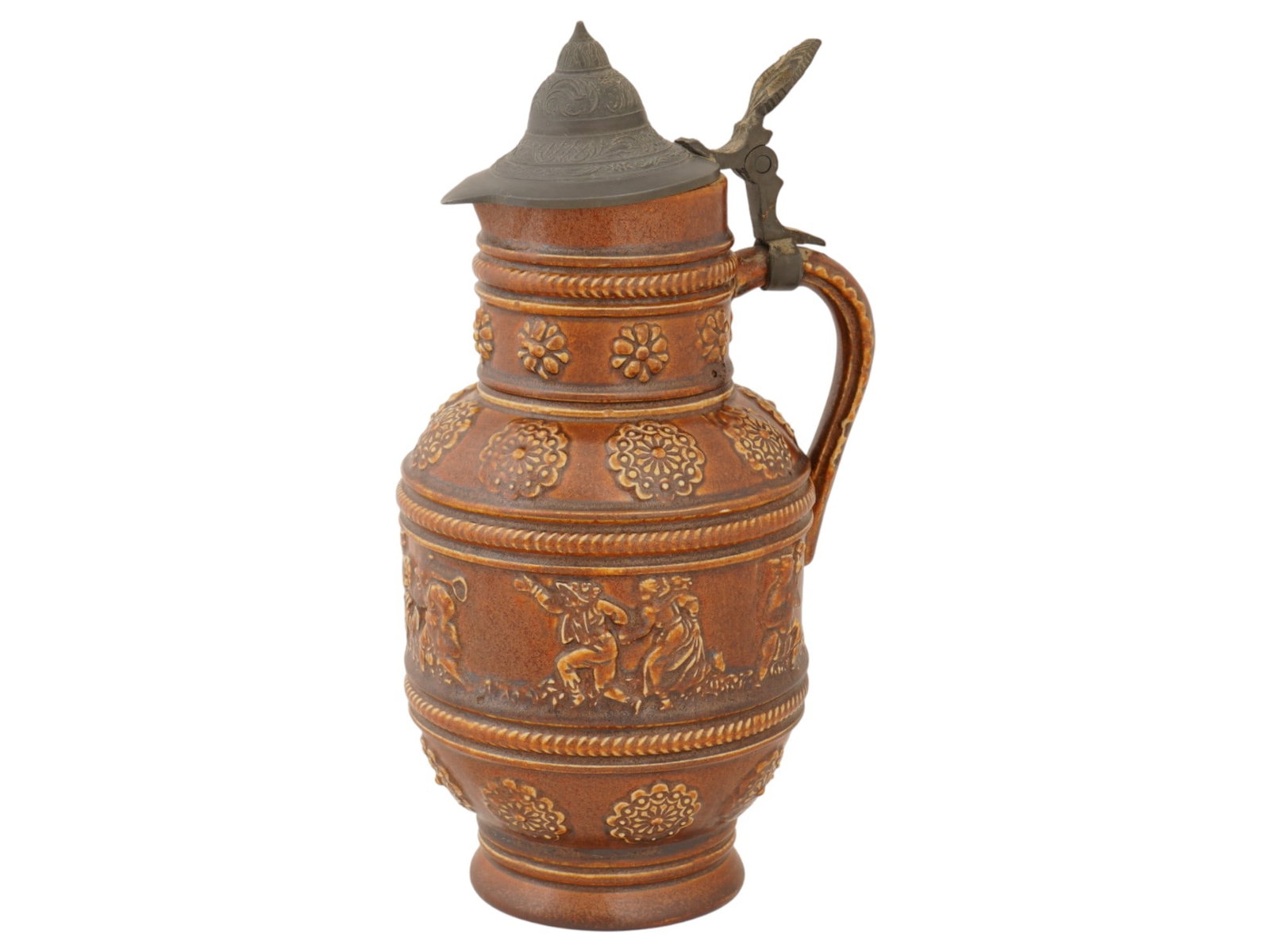 VINTAGE GERMAN RAEREN STONEWARE JUG WITH FIGURAL SCENES: A vintage German Raeren salt-glazed stoneware jug. The vessel features a characteristic baluster form with a turned base, finished in a rich brown salt glaze and decorated with applied relief bands