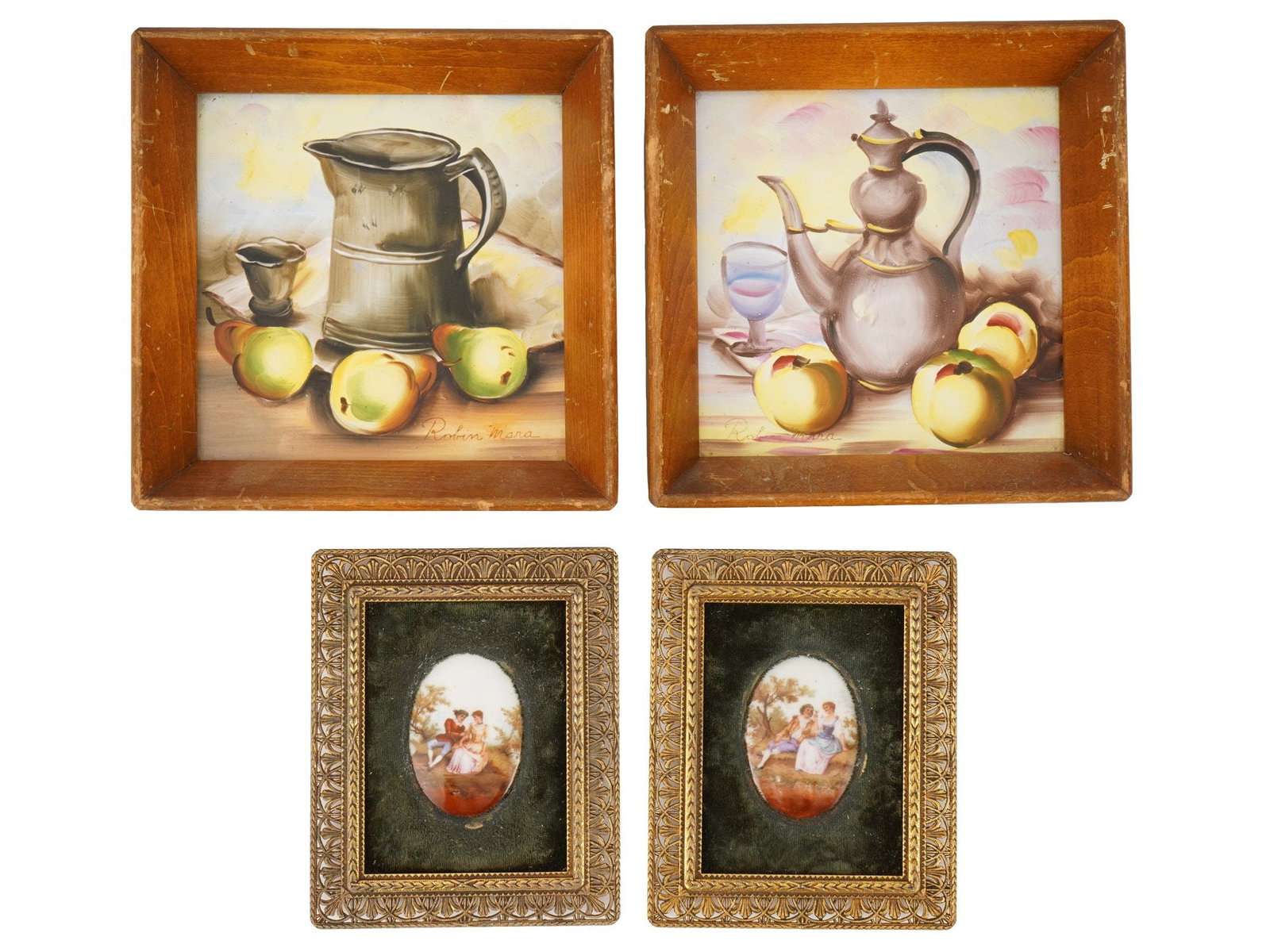 4 MINIATURE STILL LIFE GENRE SCENE PAINTINGS ON CERAMIC (1 of 9)